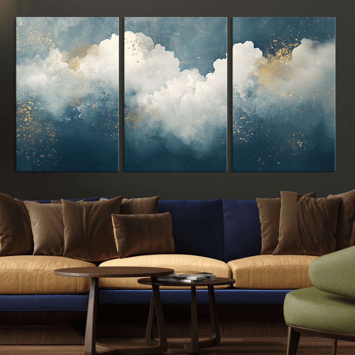 75131-MGV-CV-36X24-Abstract Cloud Wall Art – Modern Canvas Print Featuring Blue and White Clouds with Golden Accents, Contemporary Artwork for Living