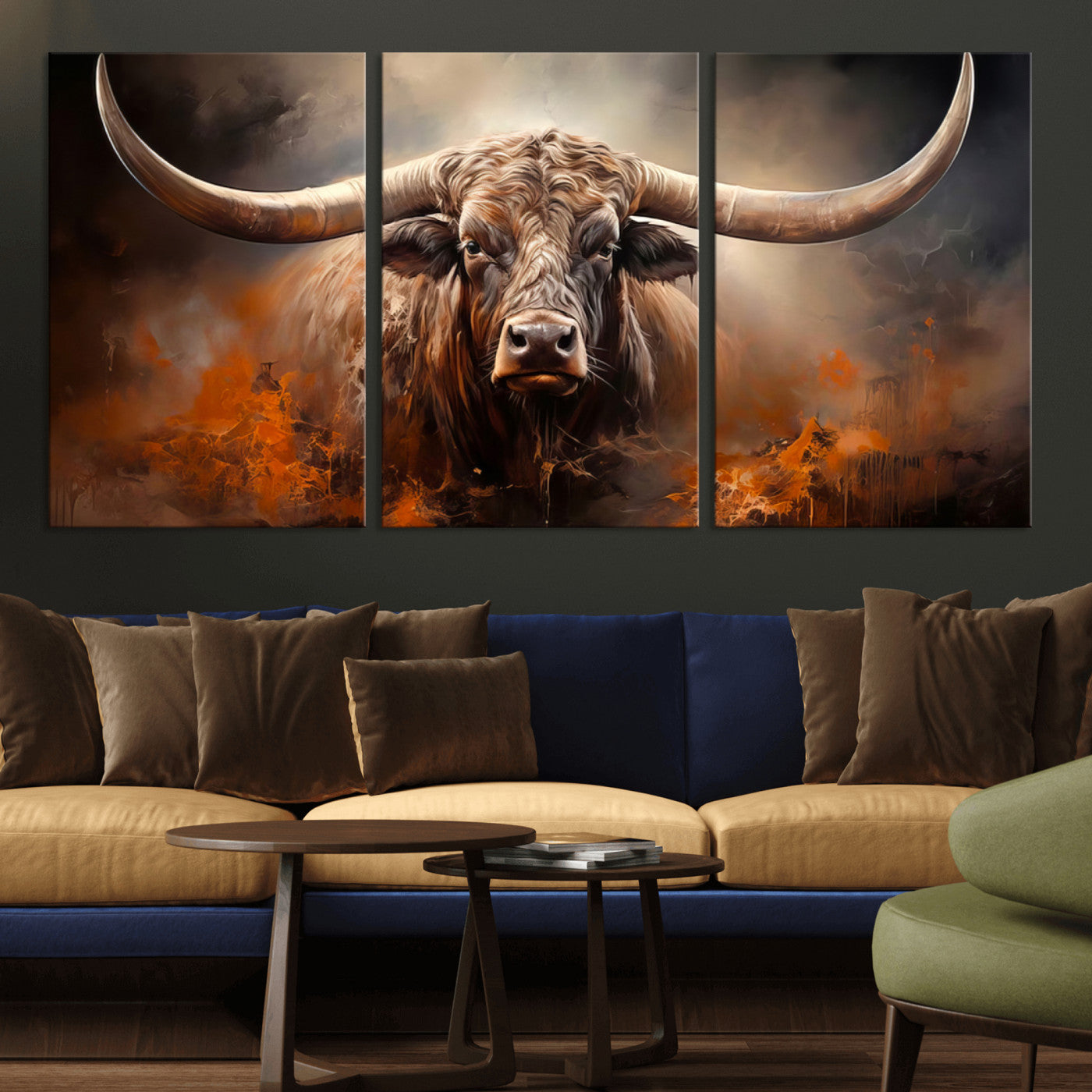 240479-MGV-CV-36X24-Longhorn Bull Wall Art – Dramatic Western Canvas Print Featuring Horned Bull with Fiery Background, Rustic Farmhouse Artwork for