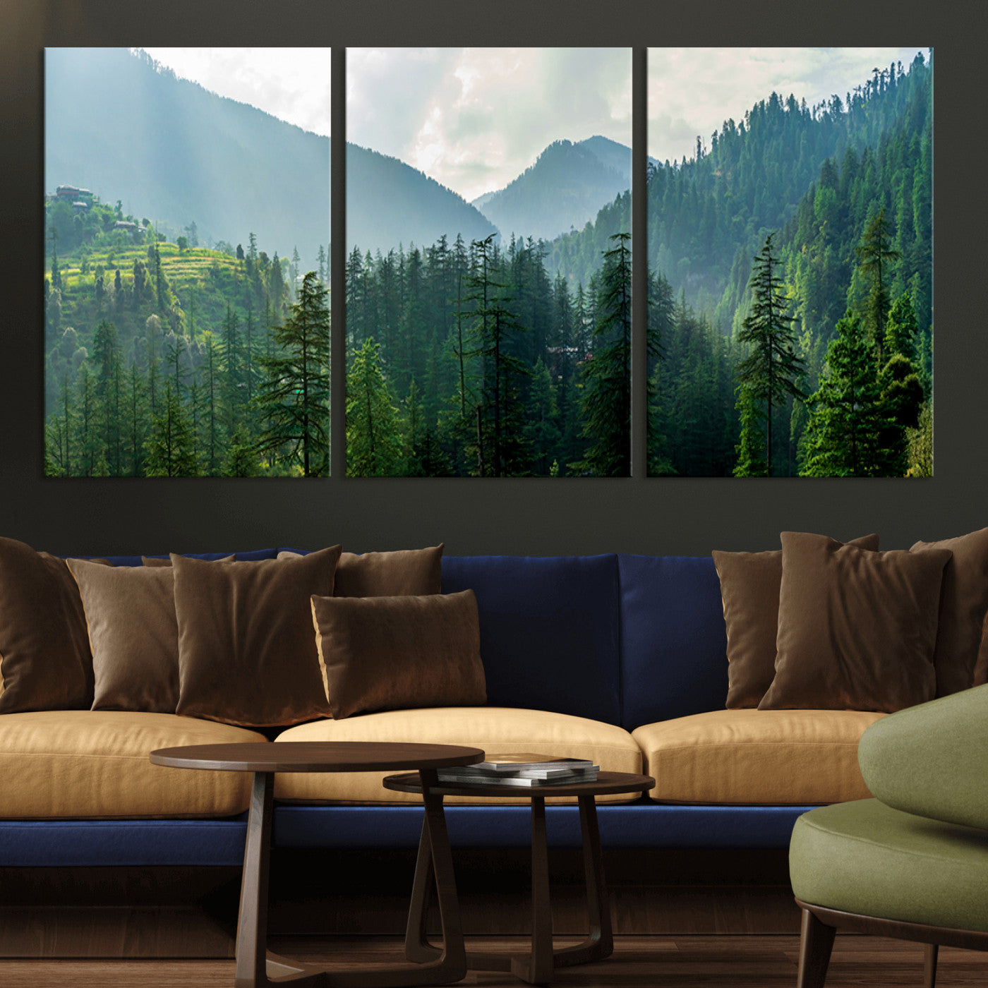 83417191-MGV-CV-60X30-3P-Misty Mountain Forest Wall Art – Pine Tree Landscape Canvas Print, Nature Photography Panorama, Tranquil Green Forest Décor for