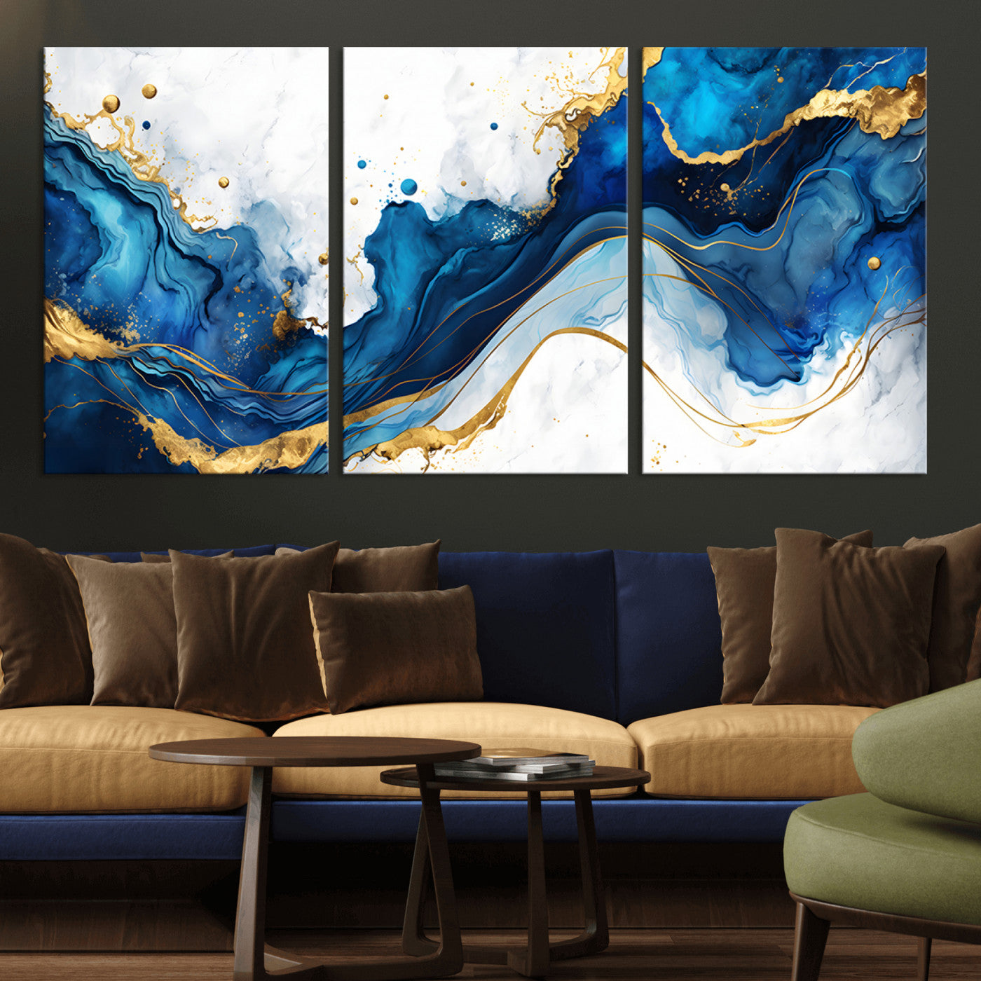 33506371-MGV-CV-36X24-Blue Marble Wall Art Canvas Print, Framed Gold Splash Art Picture Print, Abstract Wave Perfect Modern Luxe Decor Artwork