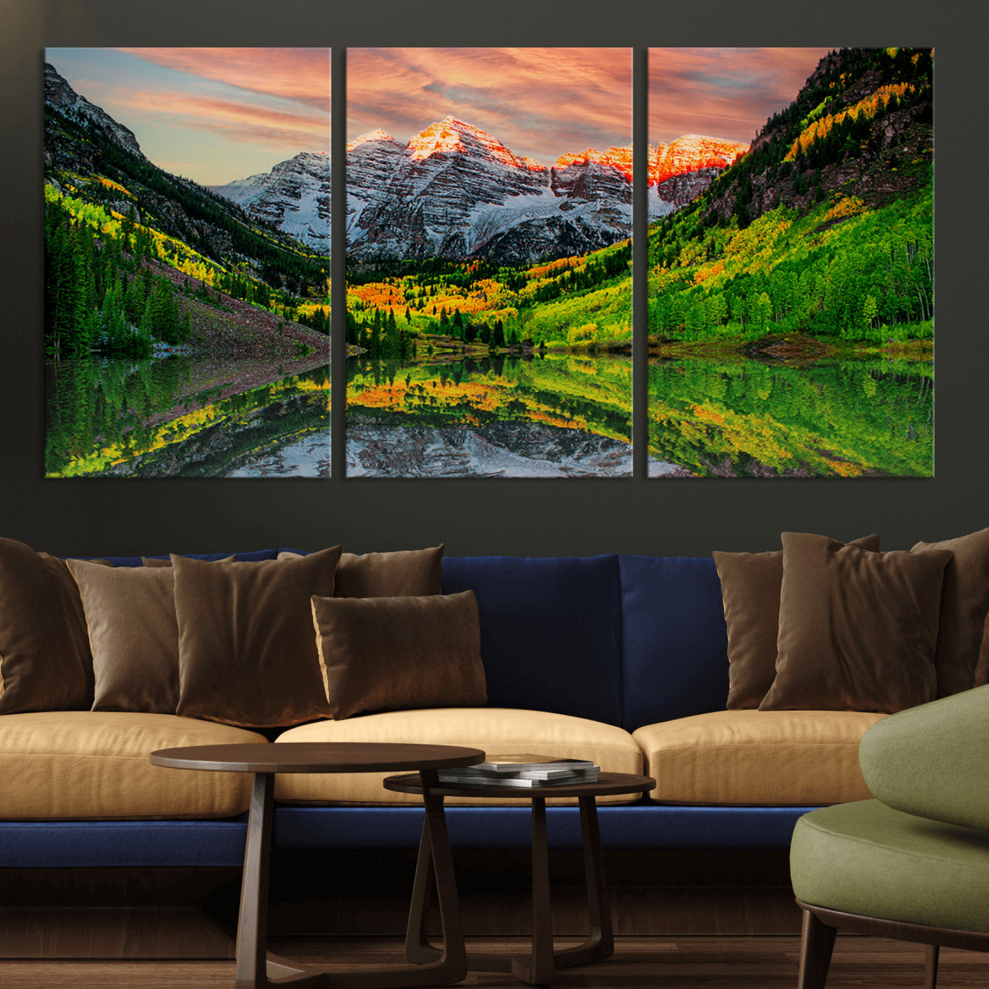 59533484-MGV-CV-36X24-Maroon Bells Autumn Wall Art – Panoramic Mountain Landscape Canvas Print, Sunset Reflection Nature Artwork for Living Room, Office