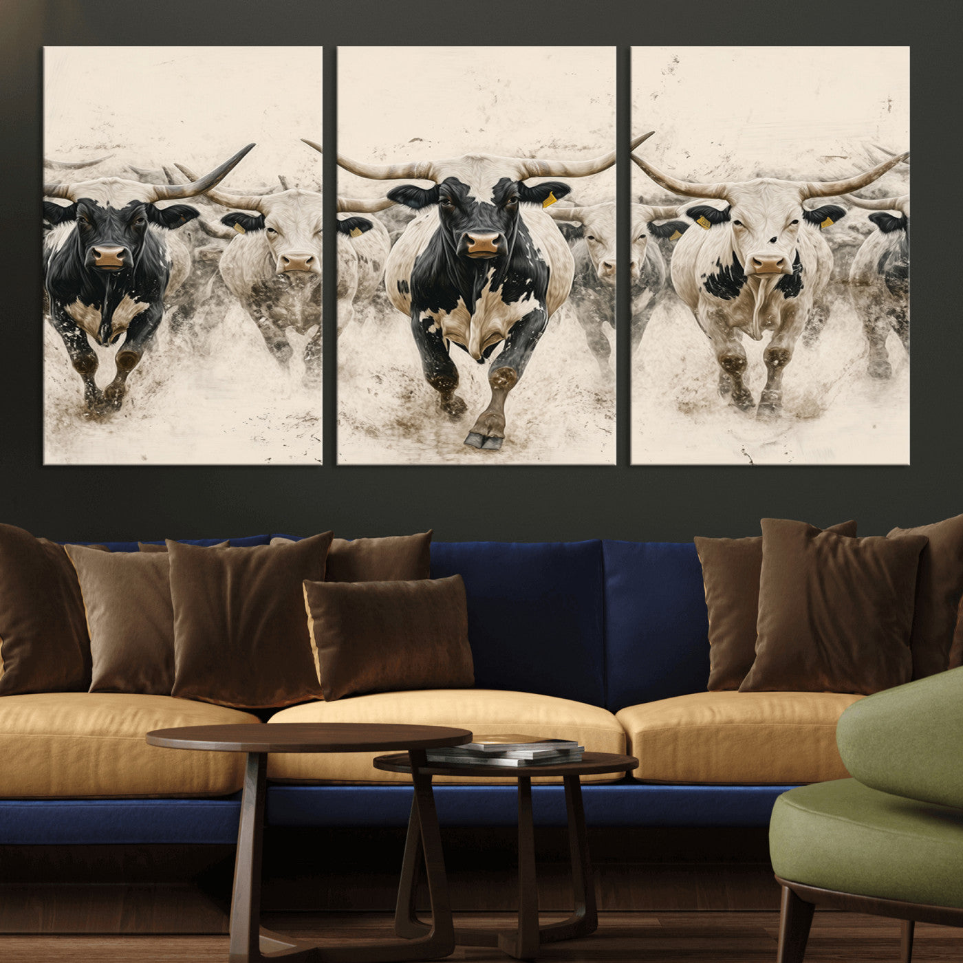 61538944-MGV-CV-36X24-Texas Longhorn Wall Art Canvas Print, Framed Cattles Walking Art Picture Print, Black White Bulls Perfect Rustic Western Decor