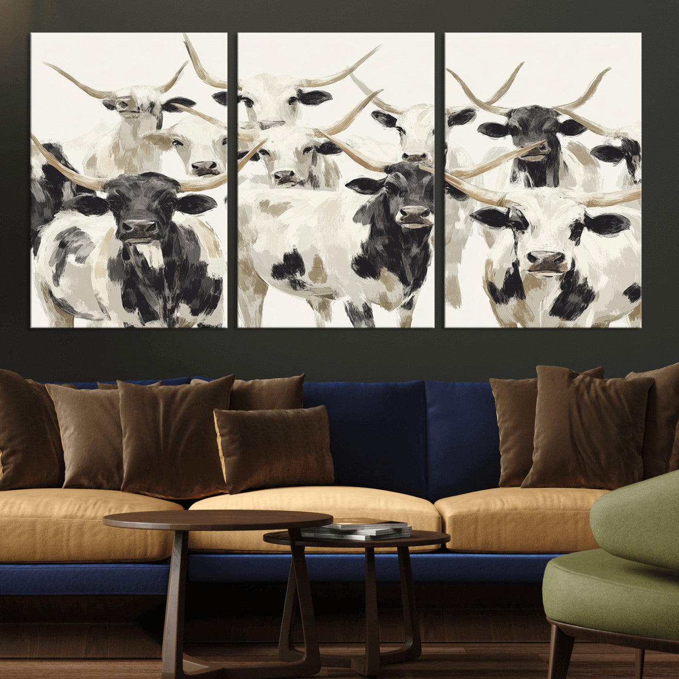52947970-MGV-CV-36X24-Texas Longhorn Wall Art Canvas Print, Framed Cattle Herd Art Picture Print, Herd Portrait Perfect Modern Farmhouse Decor Artwork