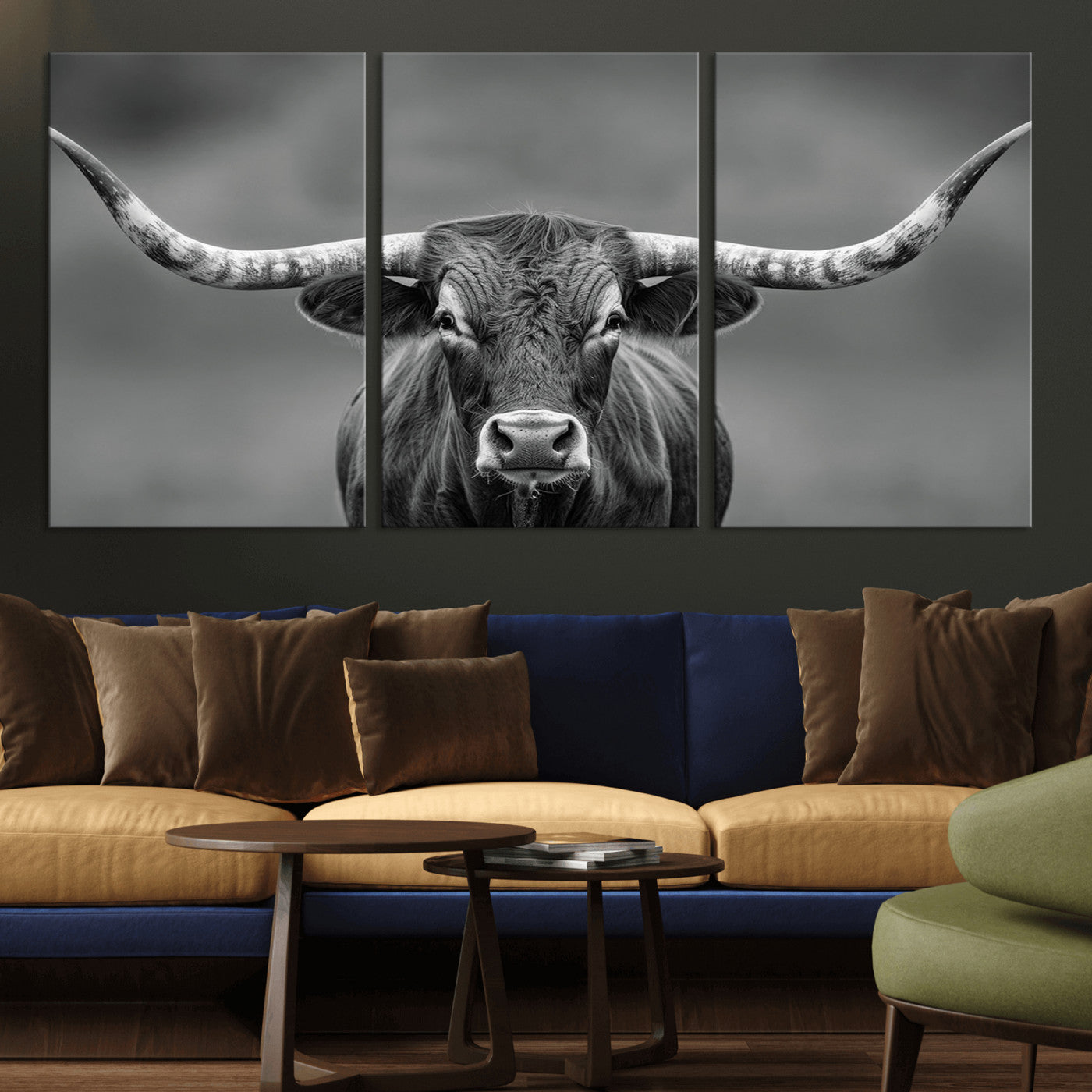 81228550-MGV-CV-36X24-Framed Texas Longhorn Bull Art Canvas Print, Western Bull Wall Art Print, Long Horn Bull Photo Print for Log Cabin, Large Bull