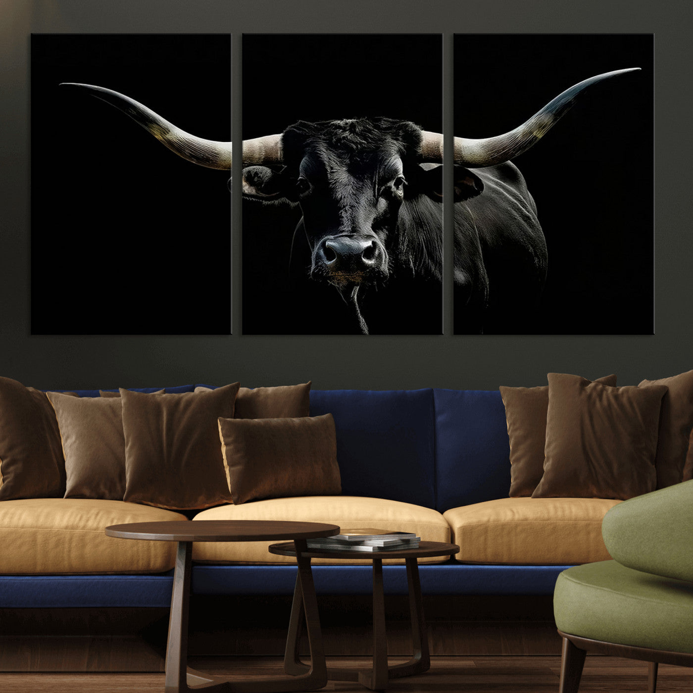 37531960-MGV-CV-36X24-Black Longhorn Bull Wall Art – Dramatic Western Cattle Canvas Print, Rustic Farmhouse Animal Artwork for Living Room, Bedroom,