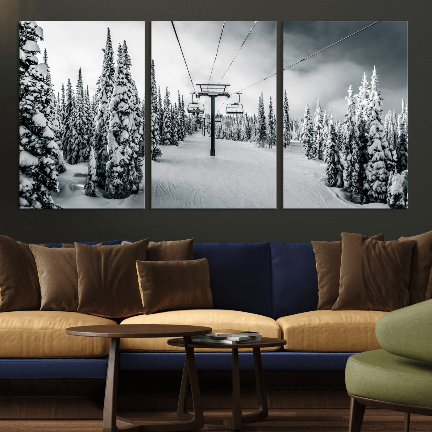 31156828-MGV-CV-36X24-Snowy Pines Wall Art Canvas Print, Framed Ski Lift Art Picture Print, Winter Forest Perfect Moody Lodge Decor Artwork