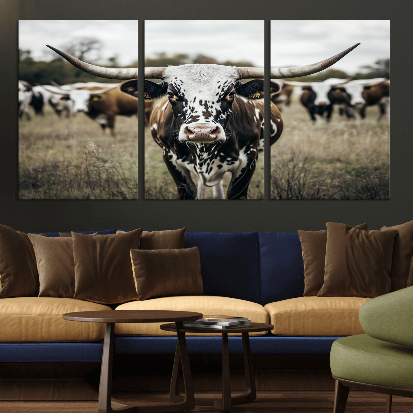79025945-MGV-CV-36X24-Texas Longhorn Wall Art Canvas Print, Framed Speckled Cow Art Picture Print, Horned Cattle Perfect Rustic Western Decor Artwork