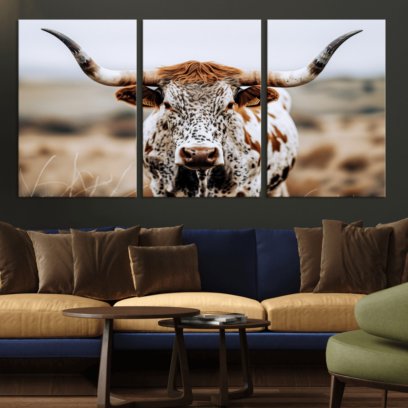 76294381-MGV-CV-36X24-Texas Longhorn Wall Art Canvas Print, Framed Spotted Cow Art Picture Print, Horned Cattle Perfect Rustic Western Decor Artwork