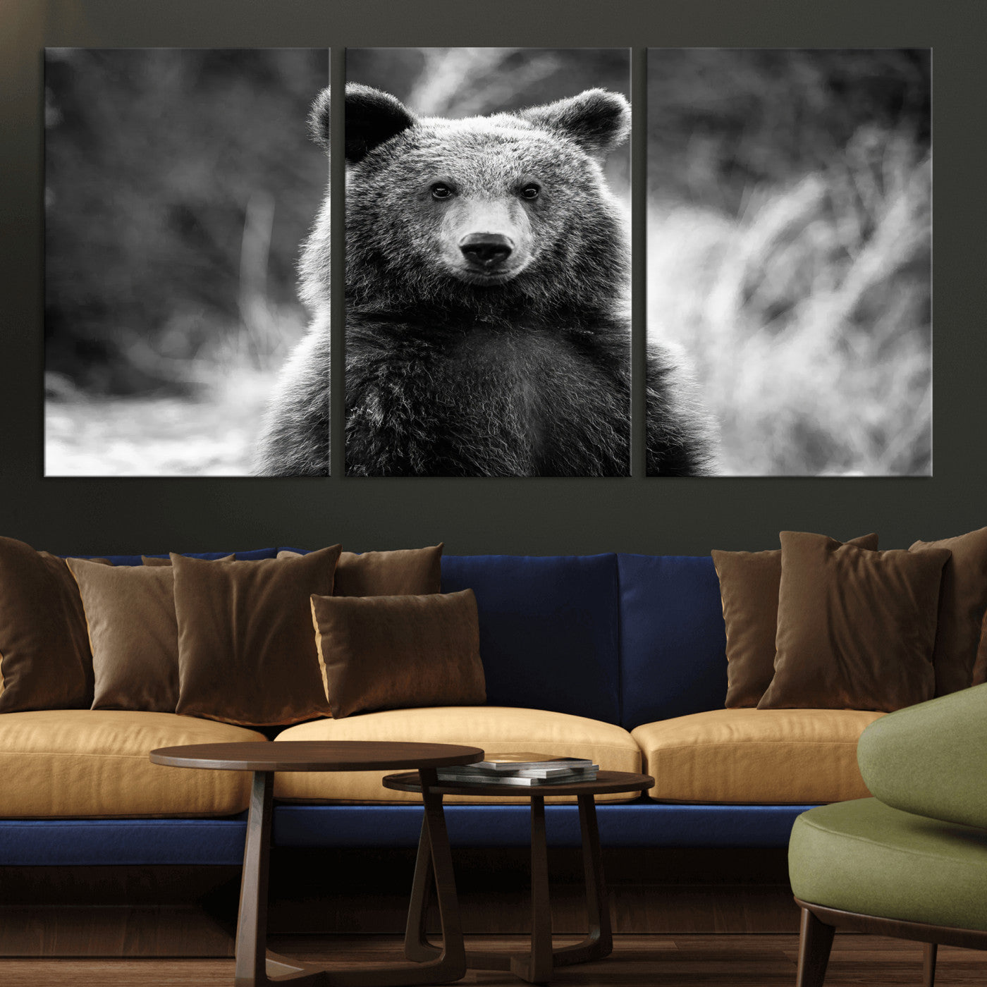 MGV-CV-60X30-3P - Grizzly Bear Wall Art Canvas Print, Framed Black White Bear Art Picture Print, Wild Bear Perfect Rustic Wildlife Decor Artwork
