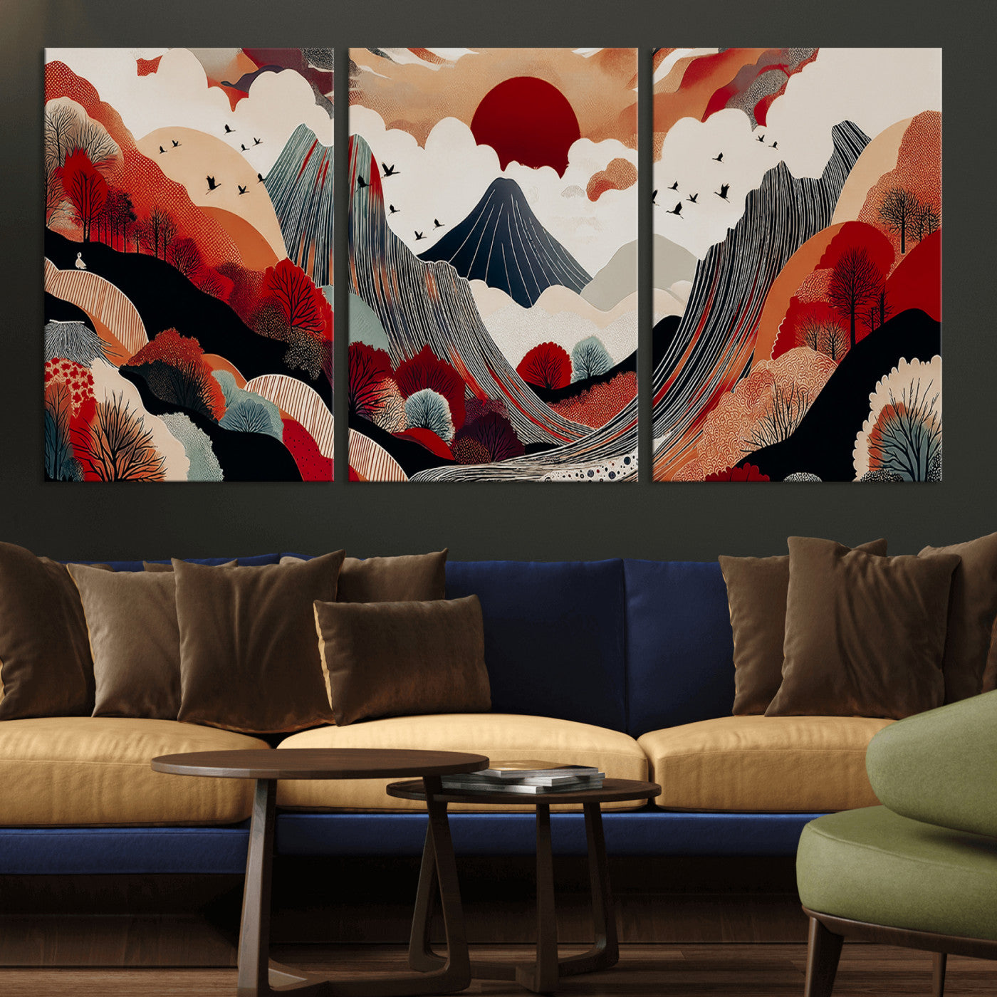 59495752-MGV-CV-36X24-Abstract Mountain Wall Art Canvas Print, Framed Vibrant Landscape Art Picture Print, Nature Drawing Perfect Contemporary
