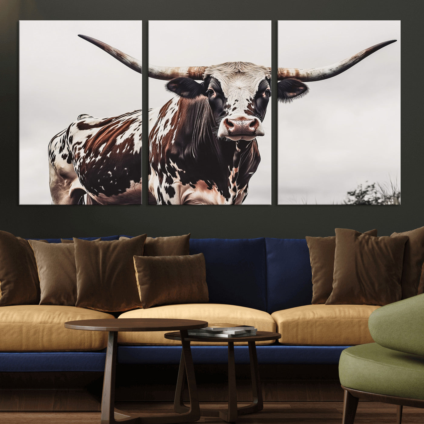 95249234-MGV-CV-36X24-Texas Longhorn Wall Art Canvas Print, Framed Spotted Bull Art Picture Print, Horned Cattle Perfect Rustic Farmhouse Decor Artwork