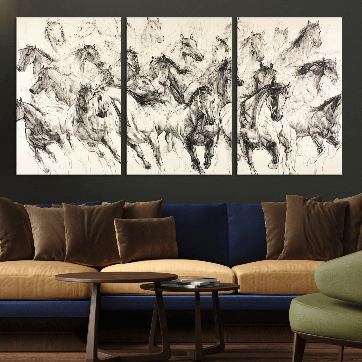 19433417-MGV-CV-36X24-Running Horses Wall Art Canvas Print, Framed Horse Sketch Art Picture Print, Galloping Herd Perfect Monochrome Western Decor