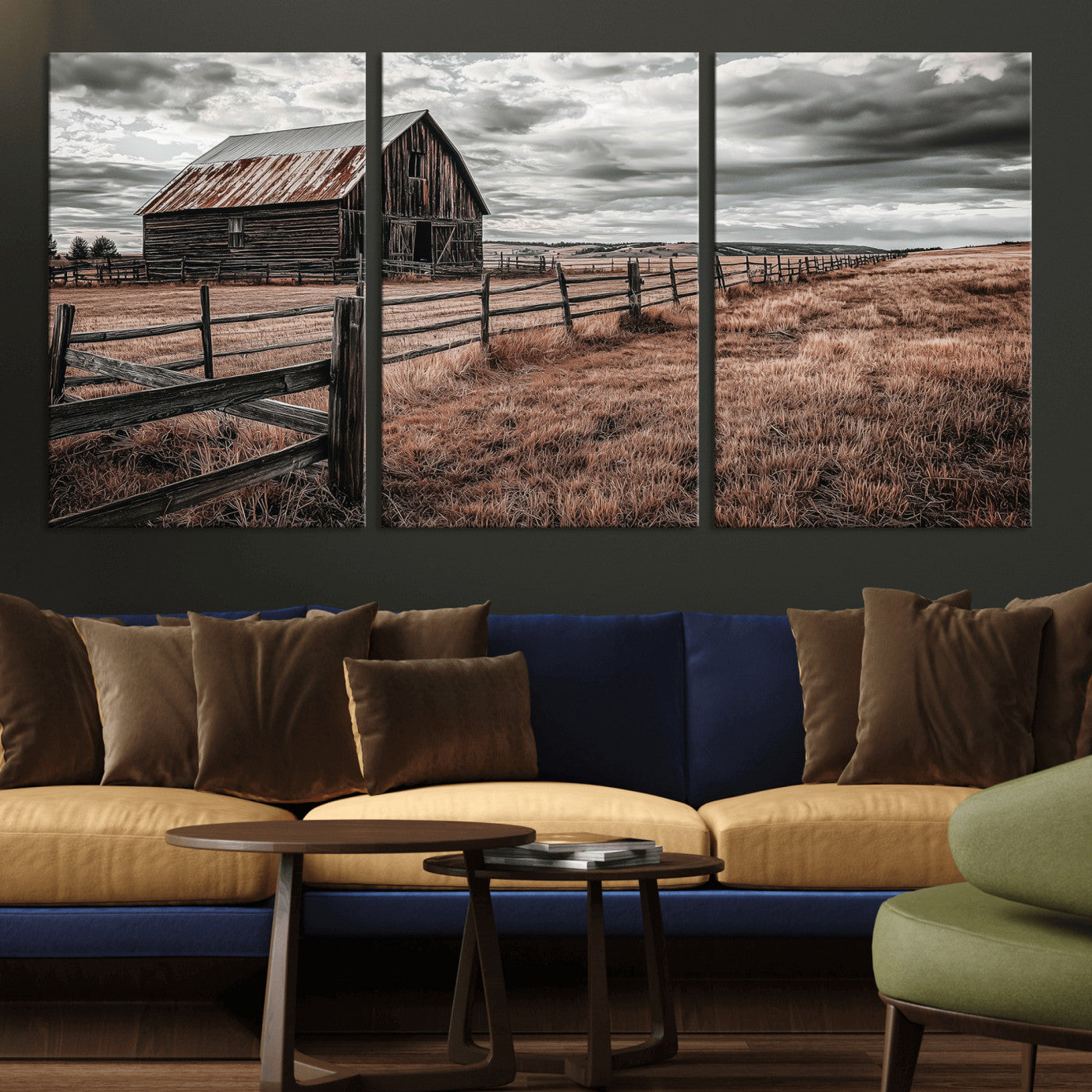 73898372-MGV-CV-36X24-Rustic Barn Wall Art Canvas Print, Framed Moody Field Art Picture Print, Weathered Fence Perfect Moody Farmhouse Decor Artwork
