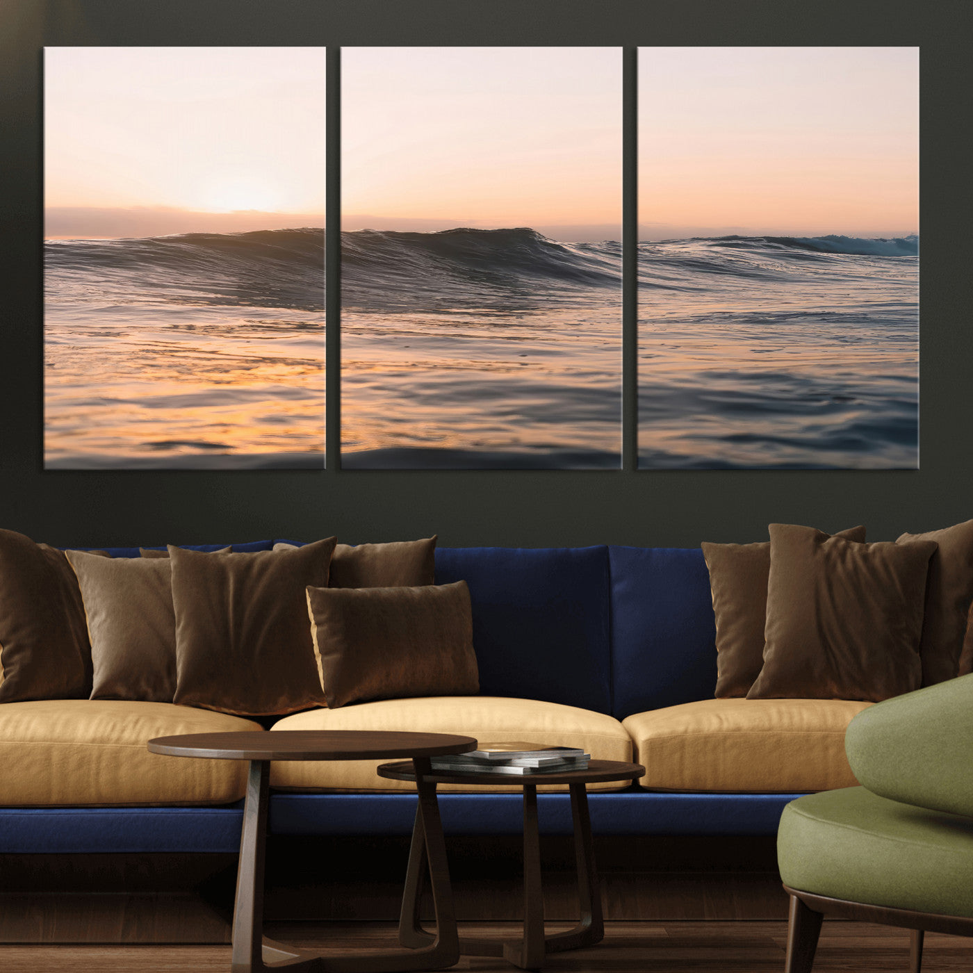 46299358-MGV-CV-36X24-Sunset Waves Wall Art Canvas Print, Framed Ocean Horizon Art Picture Print, Golden Water Perfect Golden Hour Coastal Decor Artwork
