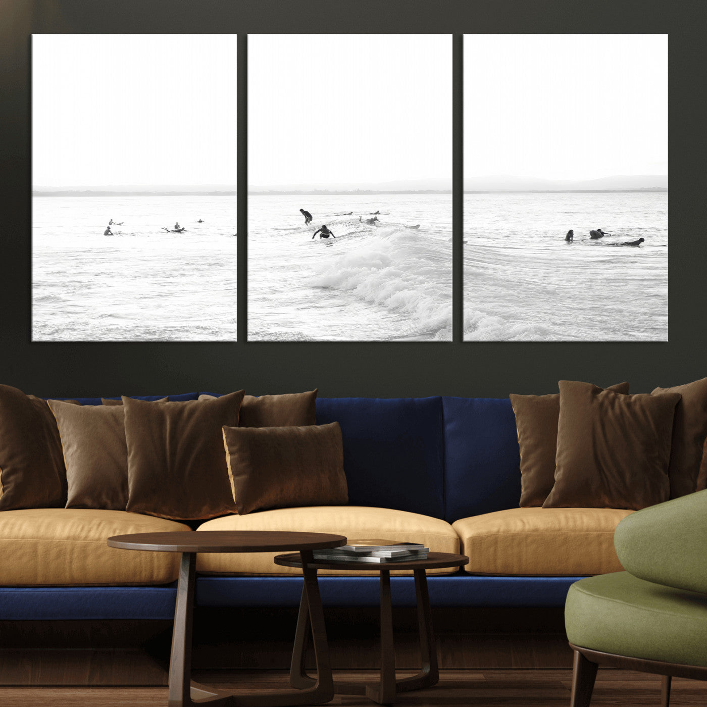 33449548-MGV-CV-36X24-Group Surfers Wall Art Canvas Print, Framed Ocean Wave Art Picture Print, Surf Crowd Perfect Monochrome Surf Decor Artwork