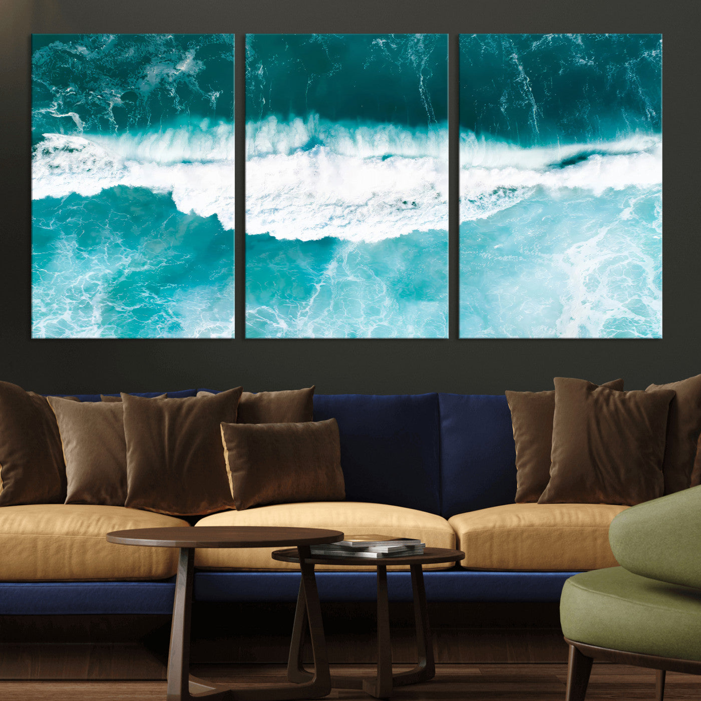23828594-MGV-CV-36X24-Aerial Waves Wall Art Canvas Print, Framed Ocean Break Art Picture Print, Sea Foam Perfect Tropical Coastal Decor Artwork
