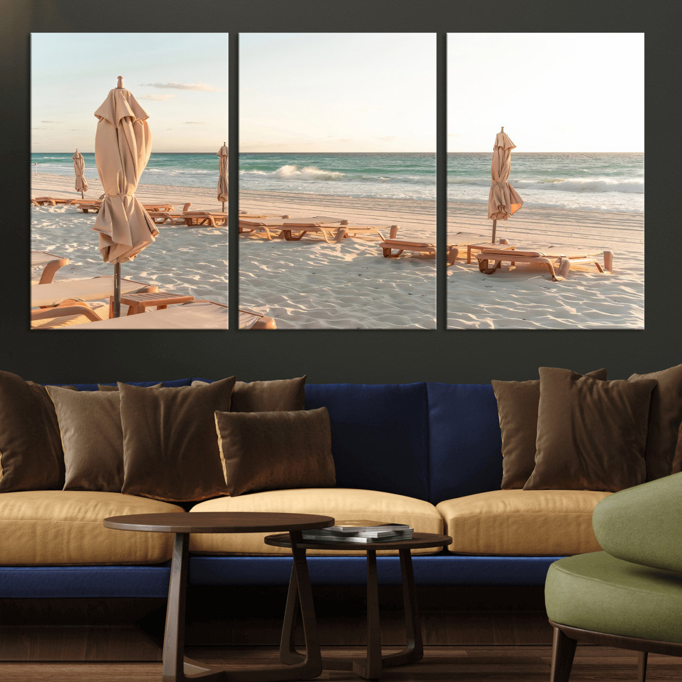 58507949-MGV-CV-36X24-Beach Umbrellas Wall Art Canvas Print, Framed Empty Loungers Art Picture Print, Soft Sand Perfect Minimalist Seaside Decor Artwork