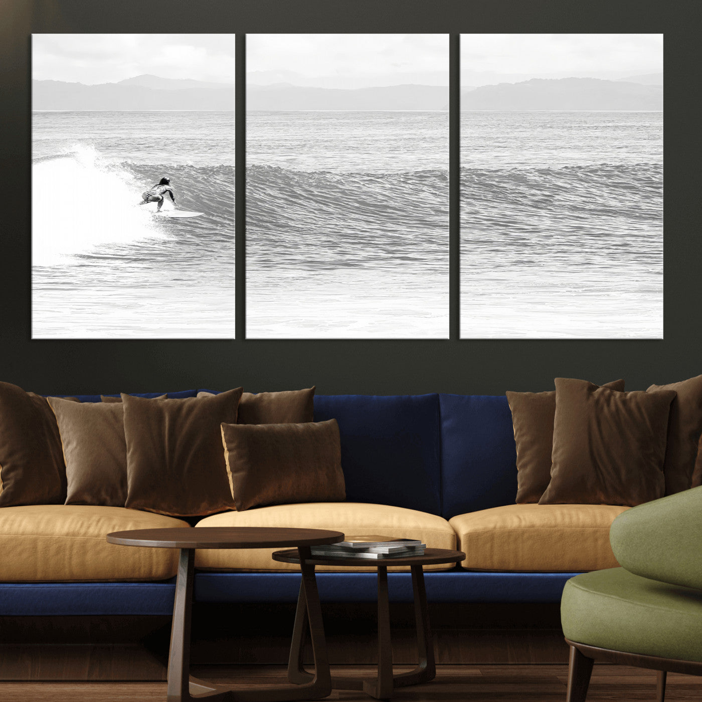 81535128-MGV-CV-36X24-Surfer Woman Wall Art Canvas Print, Framed Black Ocean Art Picture Print, Ocean Surfing Perfect Monochrome Coastal Decor Artwork