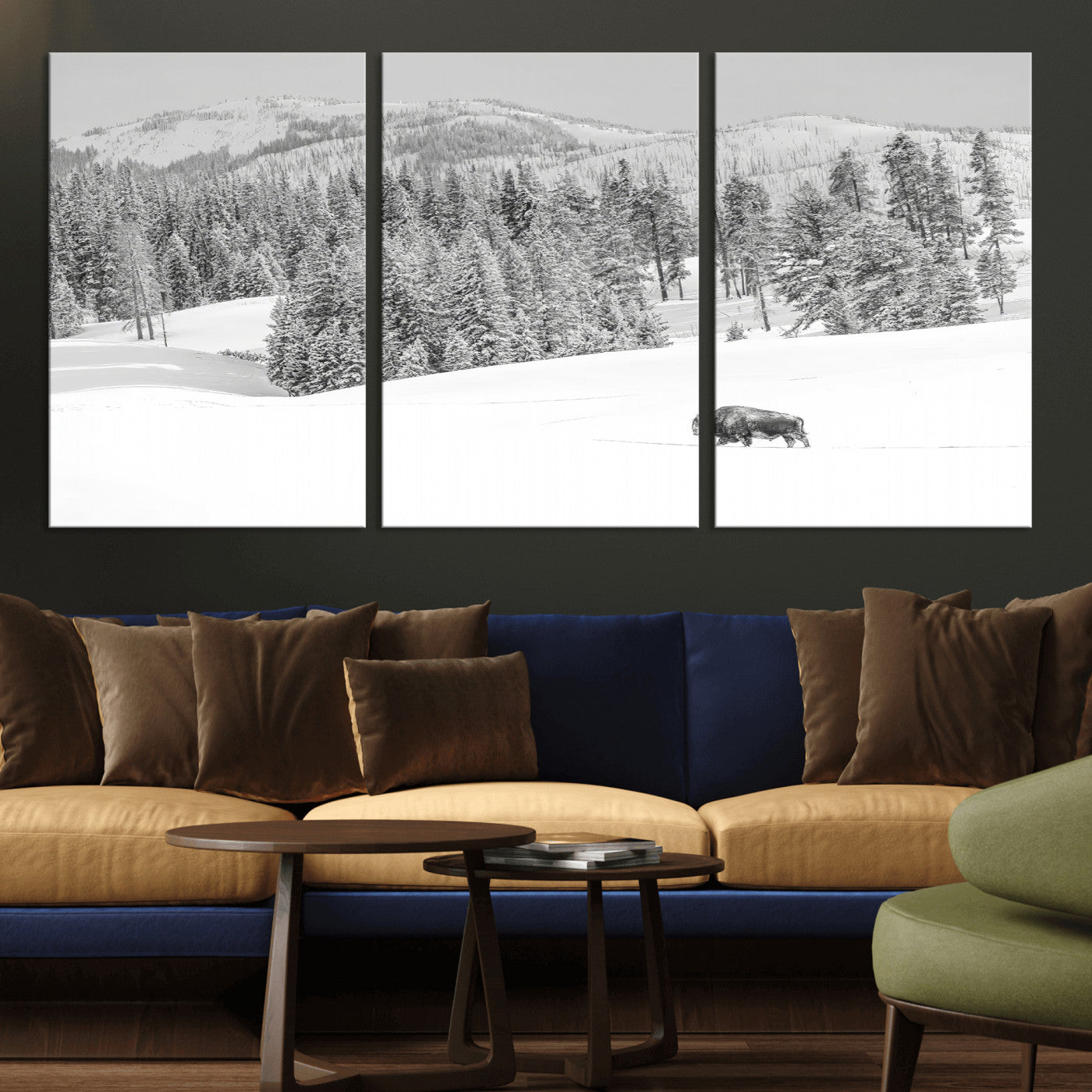 68081143-MGV-CV-36X24-Snowy Bison Wall Art Canvas Print, Framed Winter Forest Art Picture Print, Lone Bison Perfect Monochrome Winter Wild Decor Artwork