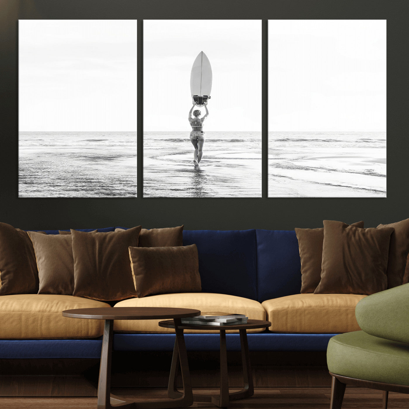 98446901-MGV-CV-36X24-Monochrome Surf Wall Art Canvas Print, Framed Minimalist Surfer Art Picture Print, Surfboard Silhouette Perfect Coastal Minimalist