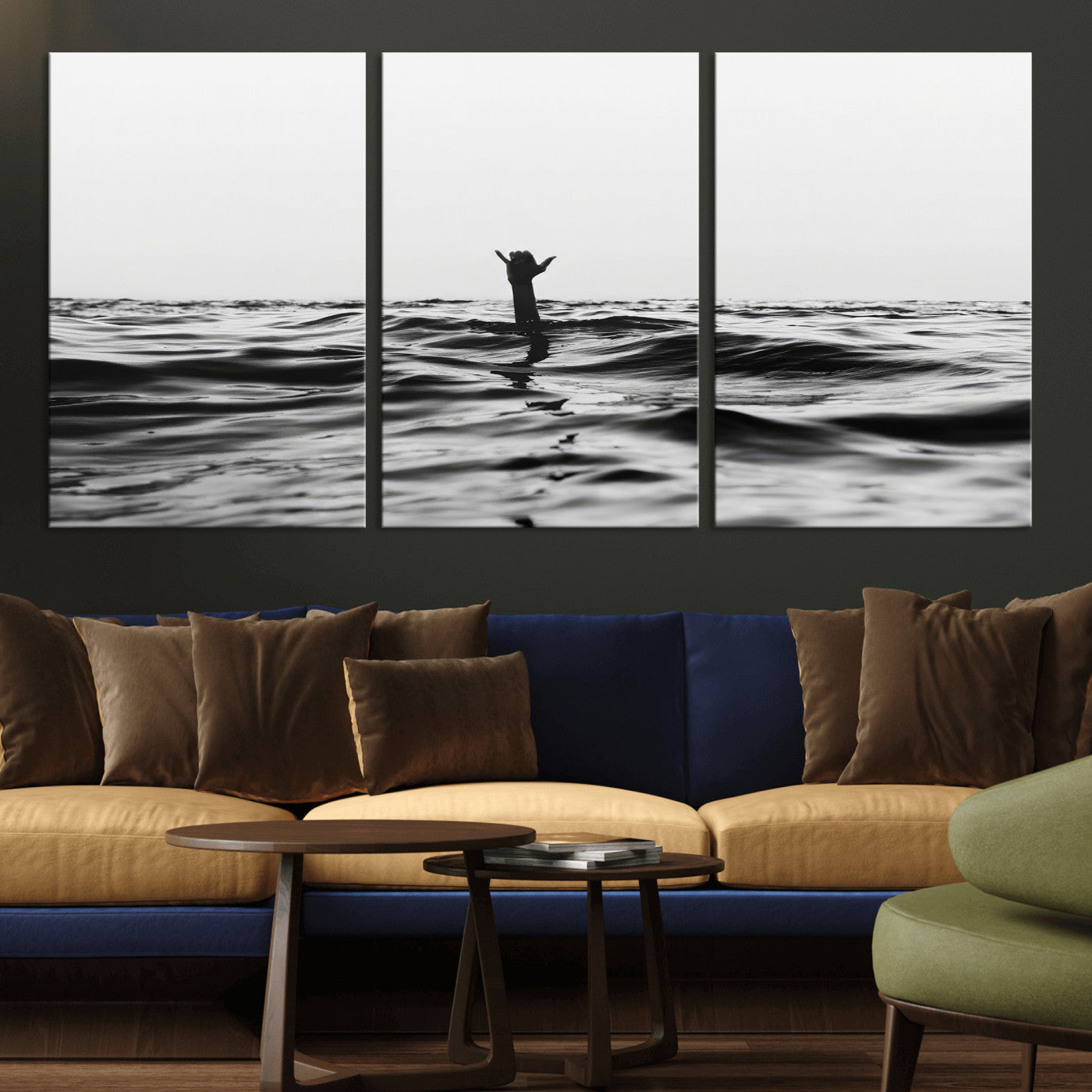 69541918-MGV-CV-36X24-Black White Ocean Wall Art Canvas Print, Framed Moody Seascape Art Picture Print, Surfer Sign Perfect Moody Minimalist Decor