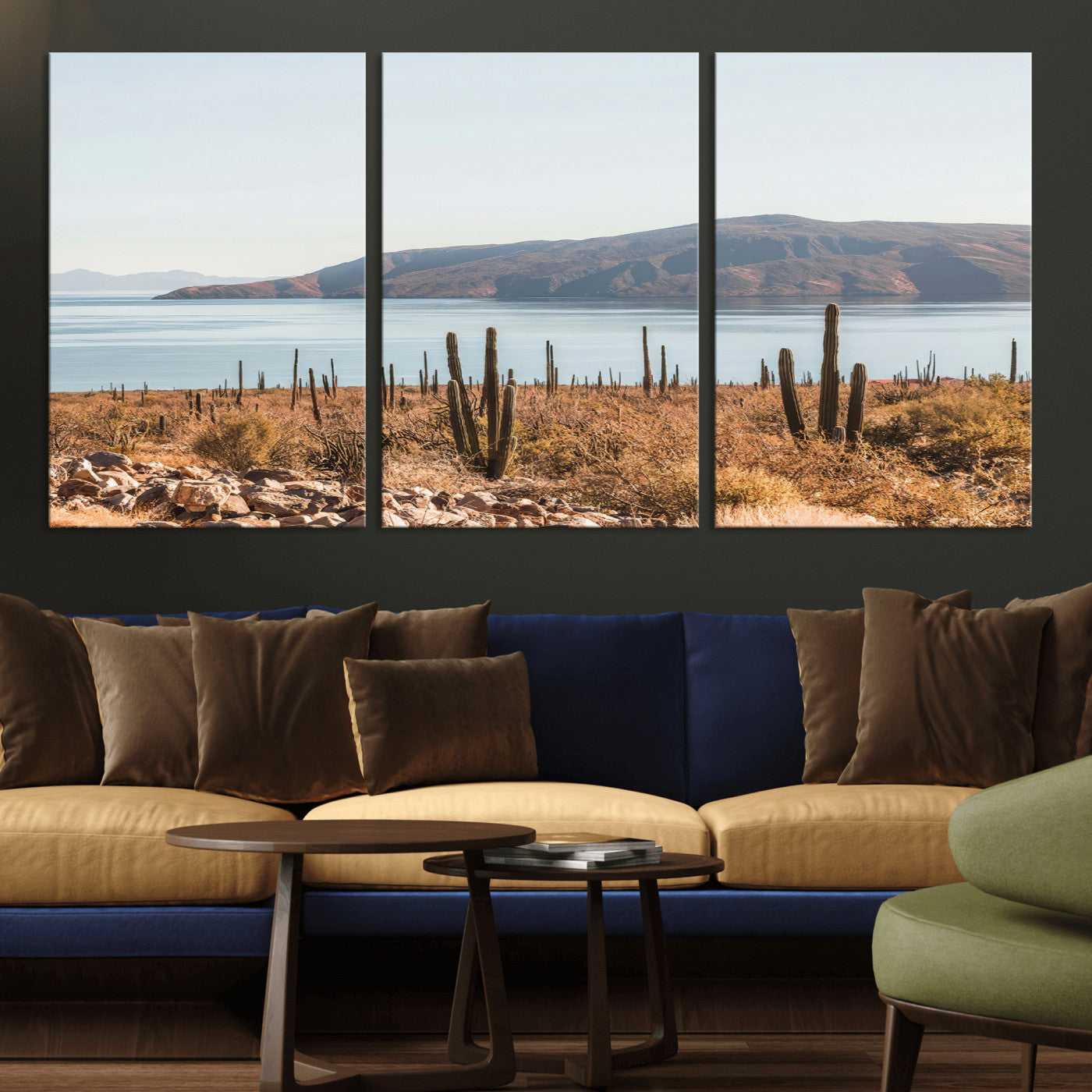 45193515-MGV-CV-60X30-3P-Desert Cactus Wall Art Canvas Print, Framed Baja Coastline Art Picture Print, Coastal Desert Perfect Southwestern Minimalist Decor