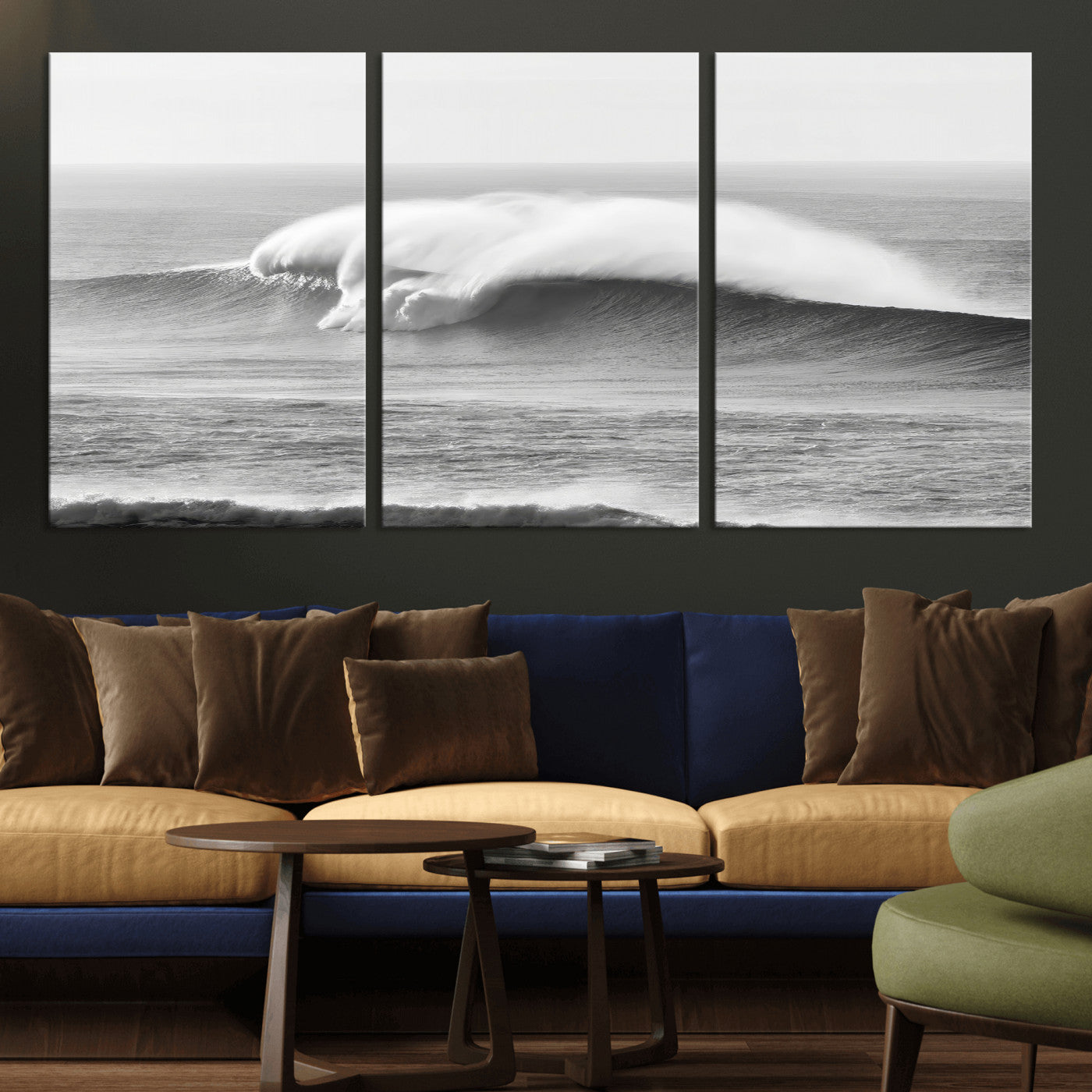 42544082-MGV-CV-36X24-Monochrome Seascape Wall Art Canvas Print, Framed Surf Wave Art Picture Print, Minimalist Ocean Perfect Moody Coastal Decor