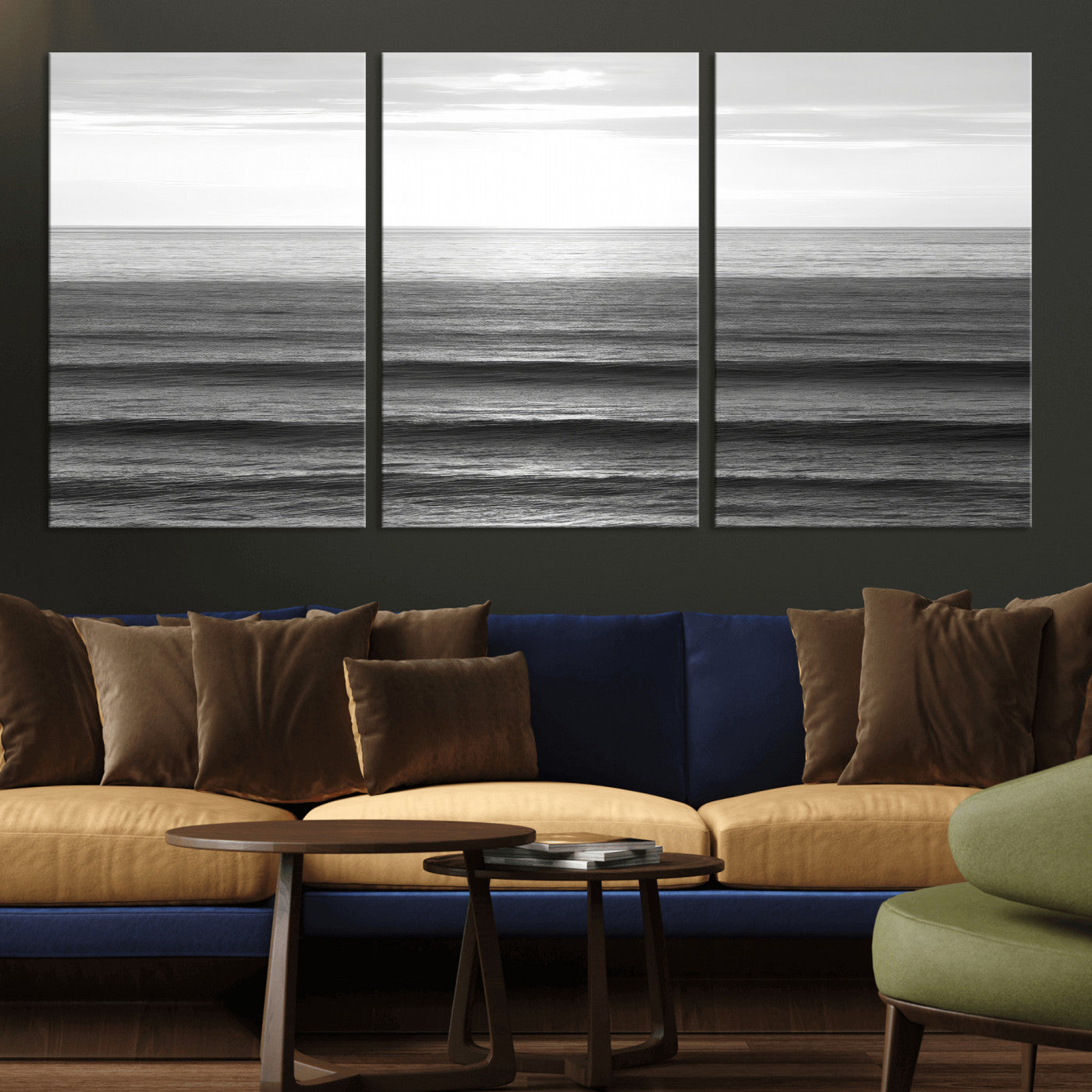 47305203-MGV-CV-36X24-Monochrome Ocean Wall Art Canvas Print, Framed Moody Ocean Art Picture Print, Calm Ocean Perfect Minimalist Coastal Decor Artwork