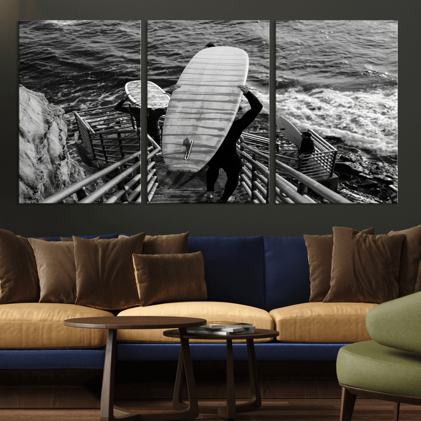 32353707-MGV-CV-36X24-Black White Surfing Wall Art Canvas Print, Framed Coastal Surfing Art Picture Print, Wave Riders Perfect Coastal Adventure Decor