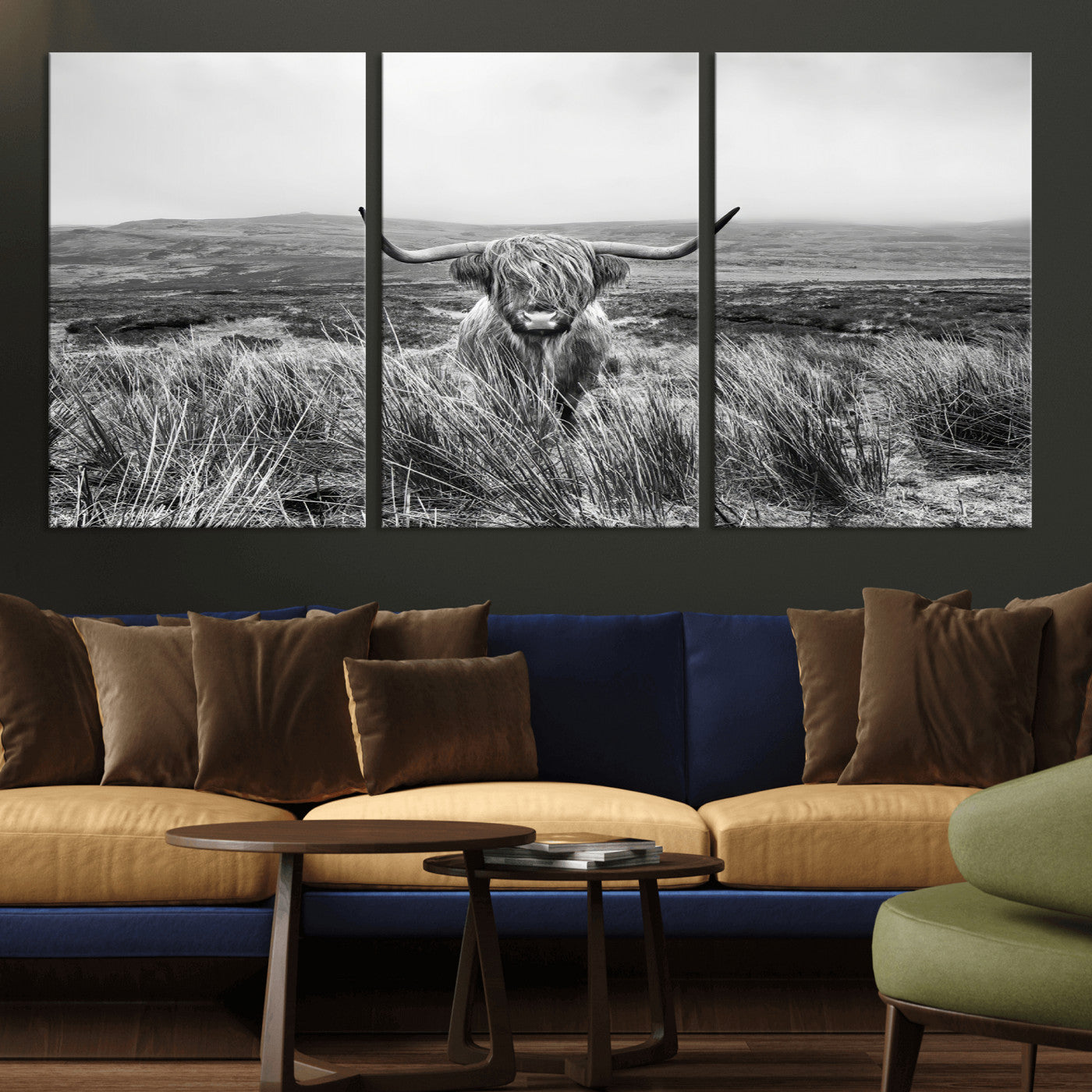 24051061-MGV-CV-36X24-Monochrome Highland Cow Wall Art Canvas Print, Framed Scottish Bull Art Picture Print, Lone Cattle Perfect Rustic Farmhouse Decor