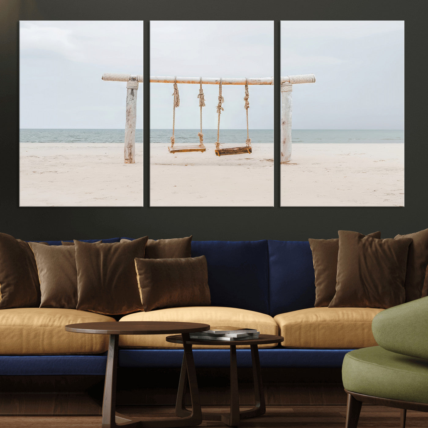 68327283-MGV-CV-36X24-Beach Swing Wall Art Canvas Print, Framed Quiet Beach Art Picture Print, Calm Shoreline Perfect Bohemian Coastal Decor Artwork