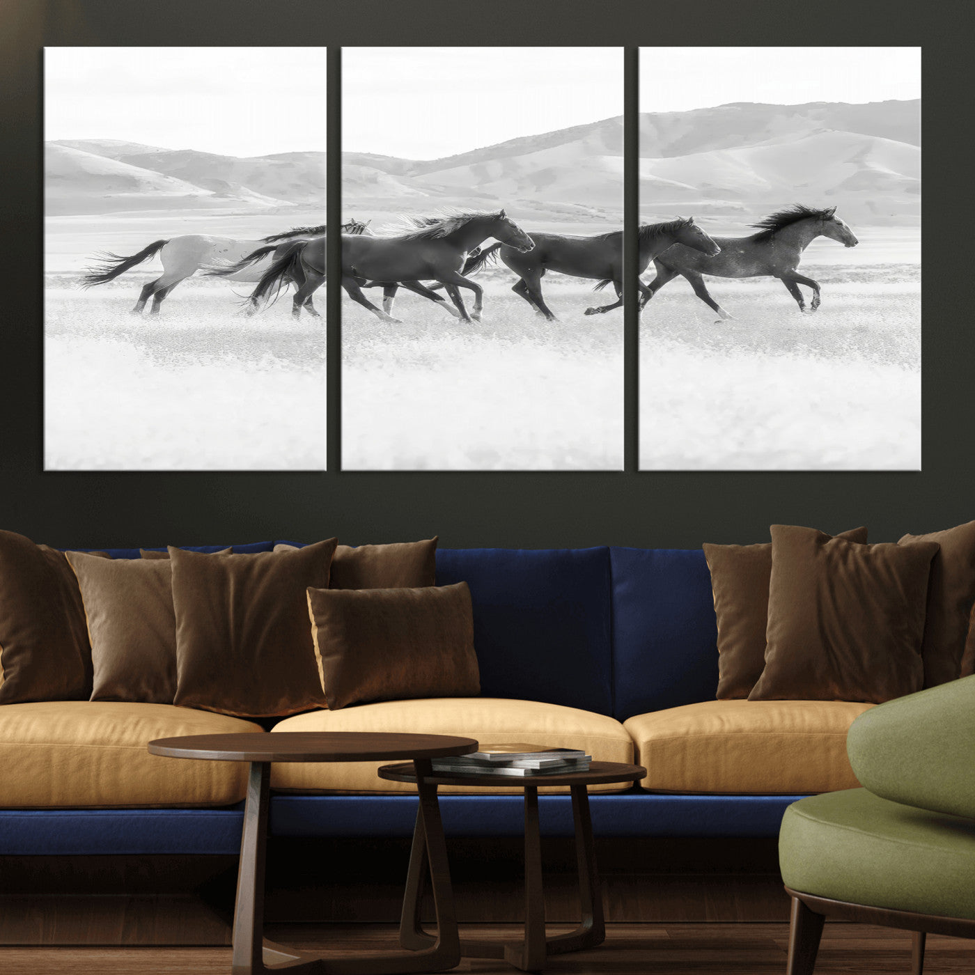 69934913-MGV-CV-36X24-Wild Horses Running Wall Art Canvas Print, Framed Black White Mustangs Art Picture Print, Rustic Western Perfect Rustic Western