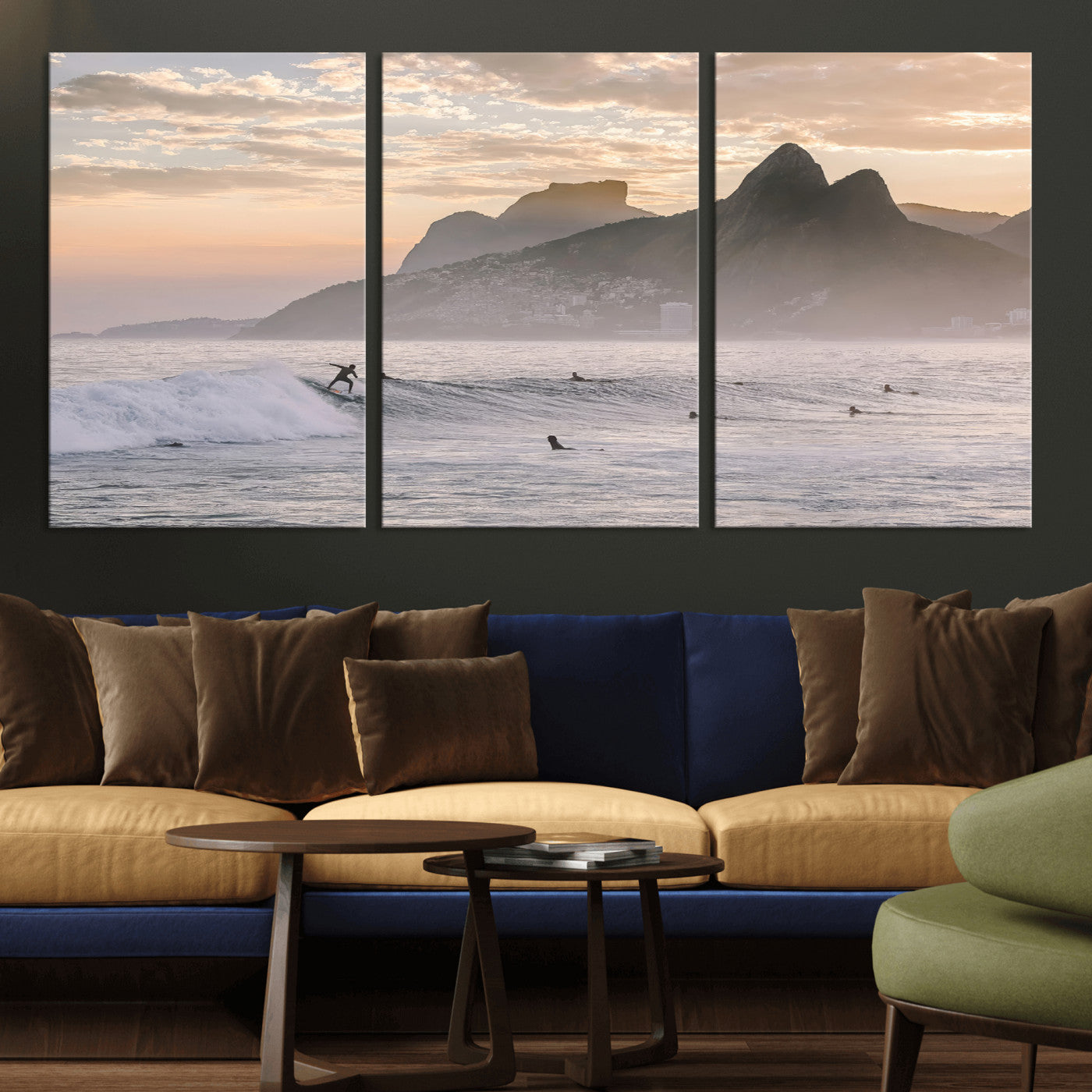70644906-MGV-CV-36X24-Sunset Surfing Wall Art Canvas Print, Framed Misty Mountains Art Picture Print, Surfer Riding Wave Perfect Coastal Adventure Decor
