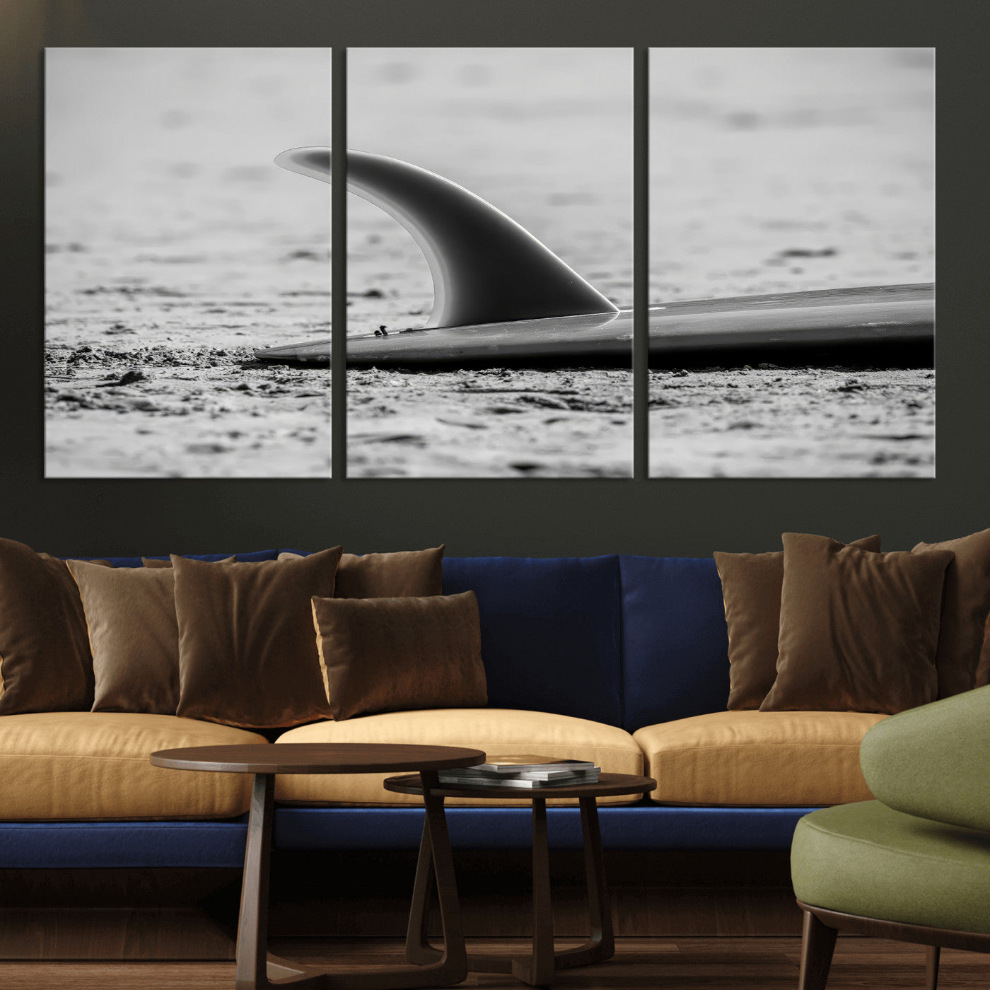 62314230-MGV-CV-36X24-Black White Surfboard Wall Art Canvas Print, Framed Minimalist Beach Art Picture Print, Surf Fin Perfect Minimalist Coastal Decor