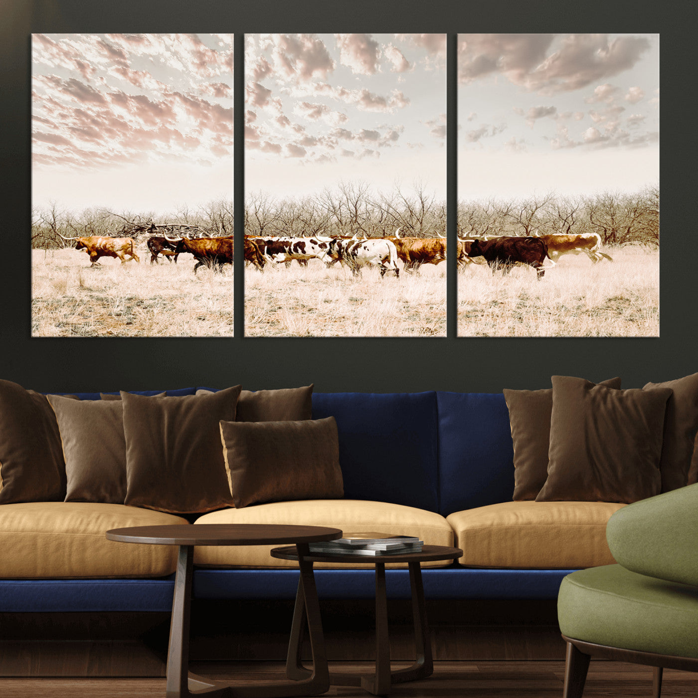 64892775-MGV-CV-36X24-Longhorn Cattle Wall Art Canvas Print, Framed Texas Ranch Art Picture Print, Western Cow Perfect Western Decor Artwork
