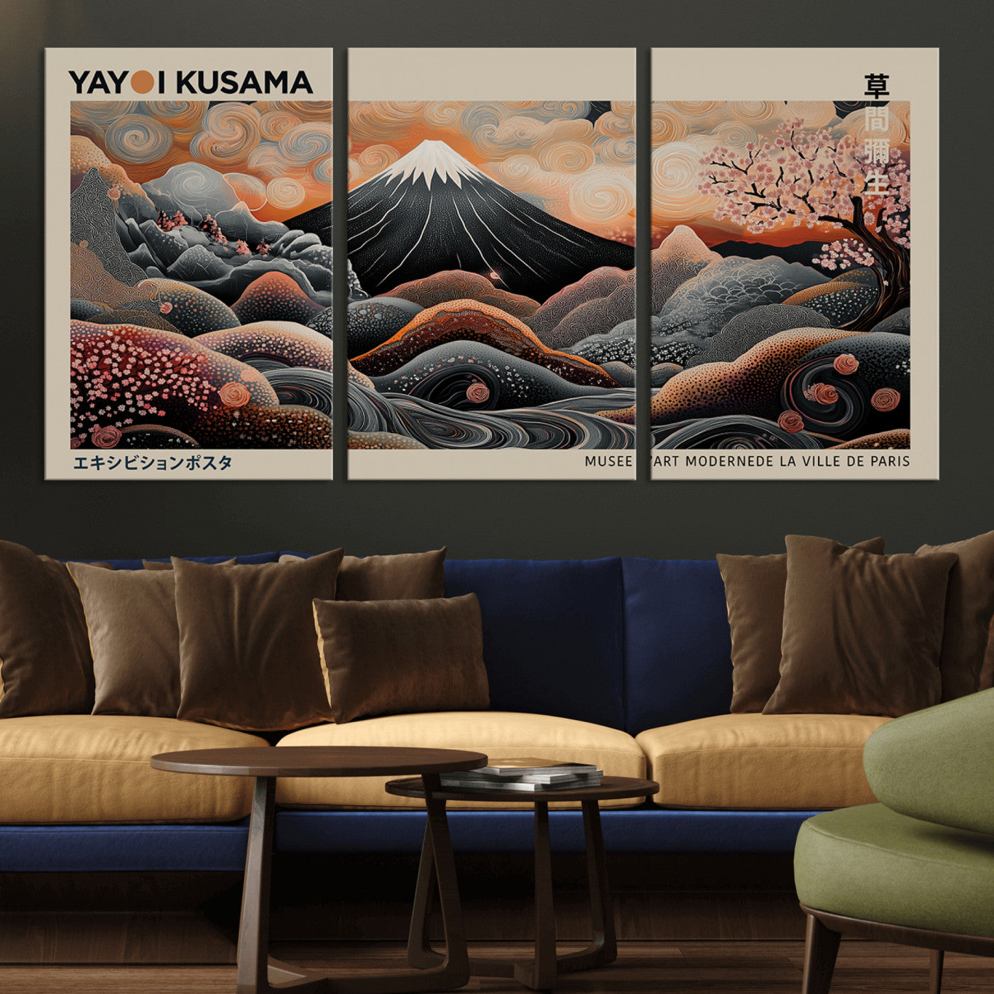 55739266-MGV-CV-36X24-Japanese Wall Art Print – Abstract Yayoi Kusama Inspired Dotted Landscape Poster, Surreal Oriental Mountain and Cherry Blossom