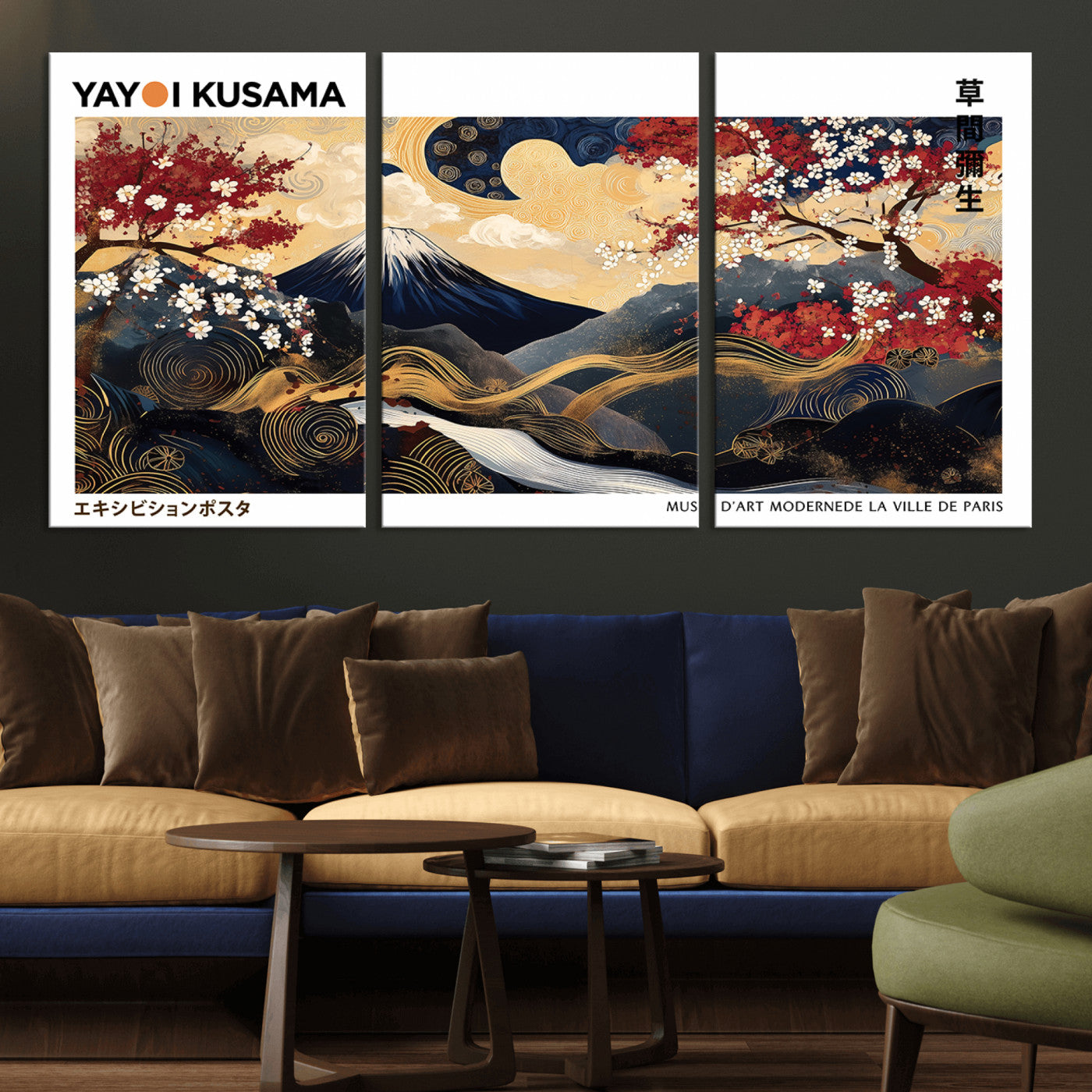 66243961-MGV-CV-36X24-Mount Fuji Japanese Wall Art – Golden Abstract Landscape Canvas Print, Cherry Blossom Painting, Modern Oriental Zen Home Decor
