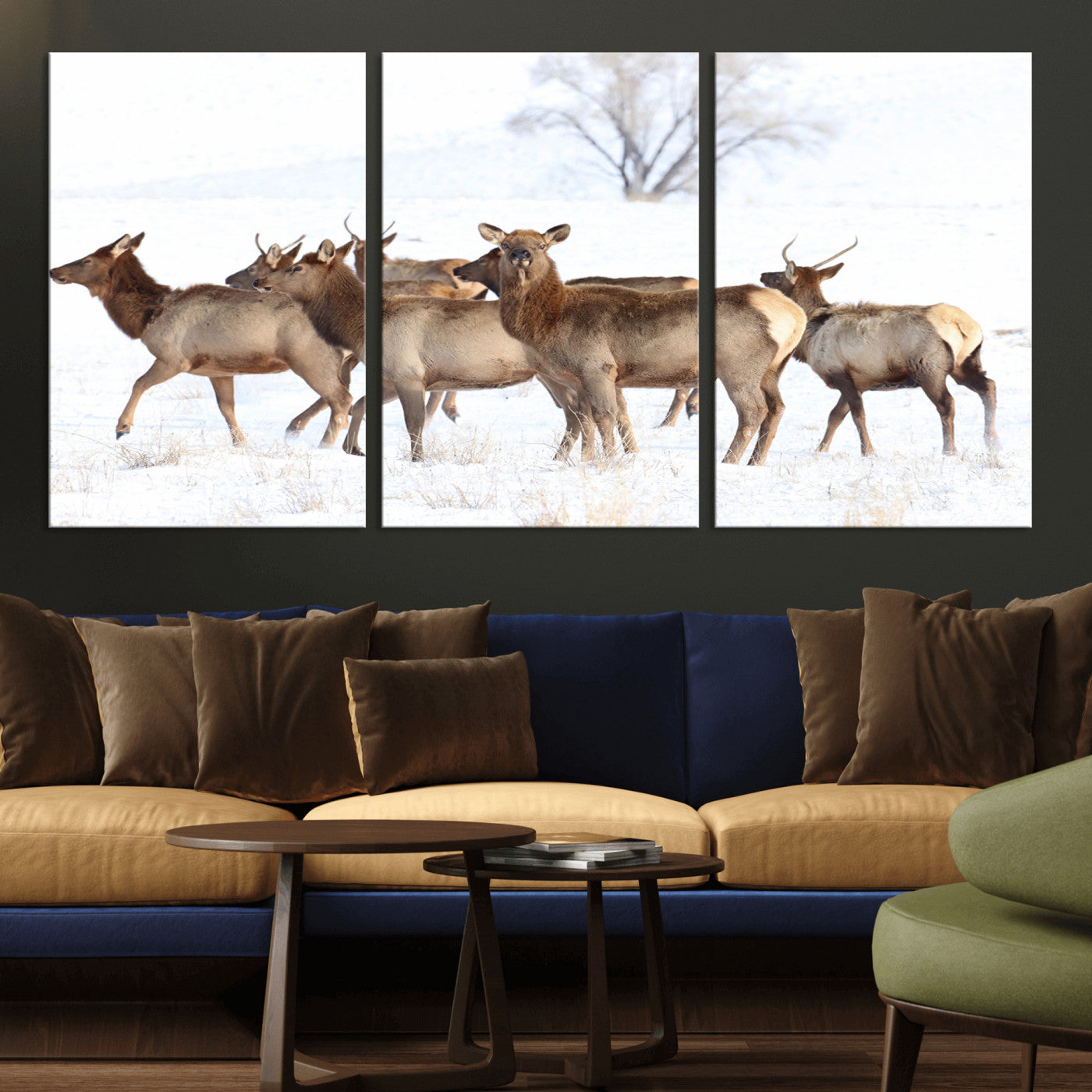 68738684-MGV-CV-36X24-Winter Elk Scene Wall Art Canvas Print, Framed Wildlife Photography Art Picture Print, Snowy Deer Decor Perfect Rustic Lodge Decor