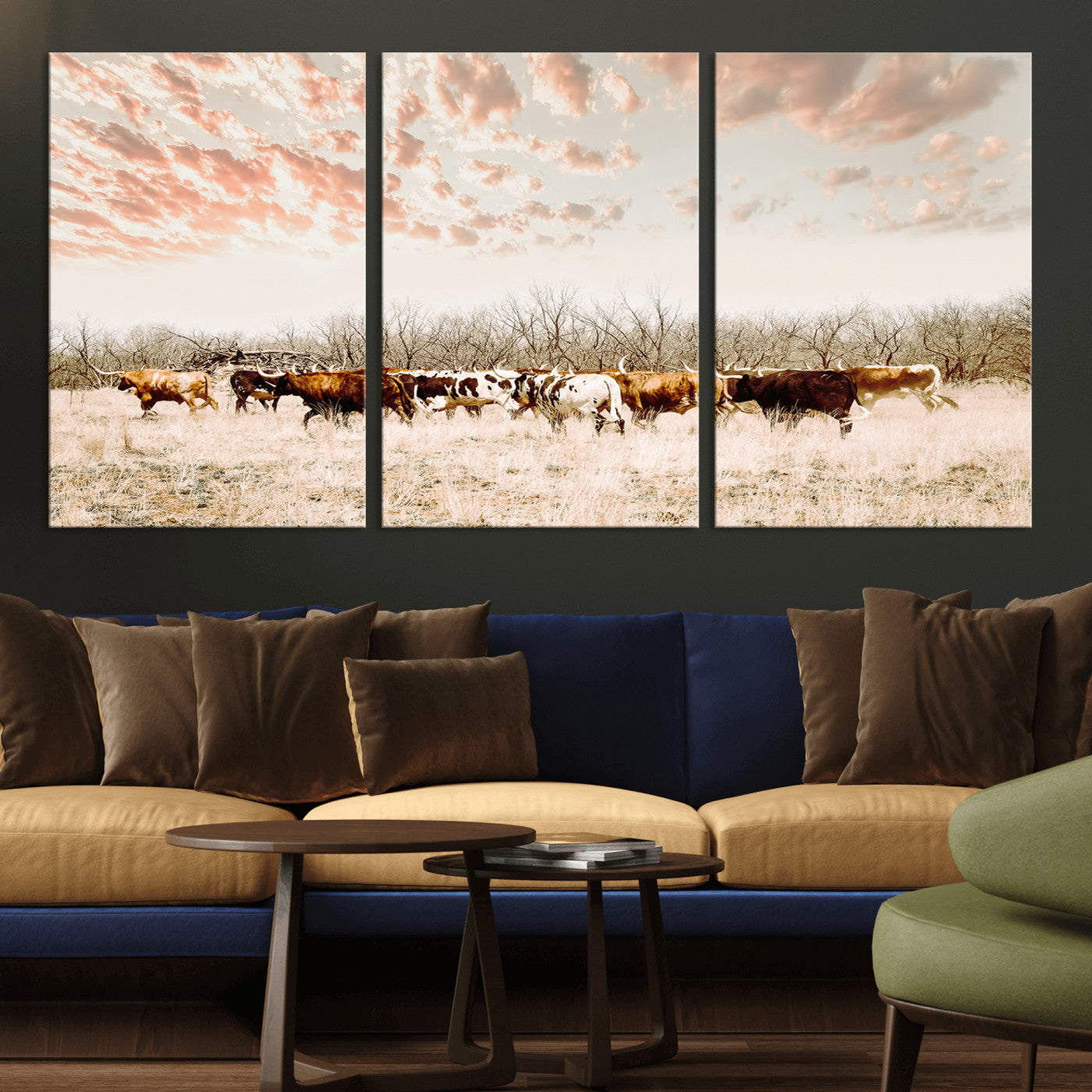 43704663-MGV-CV-36X24-Country Cow Herd Wall Art Canvas Print, Framed Farmhouse Cattle Scene Art Picture Print, Rustic Ranch Decor Perfect Rustic