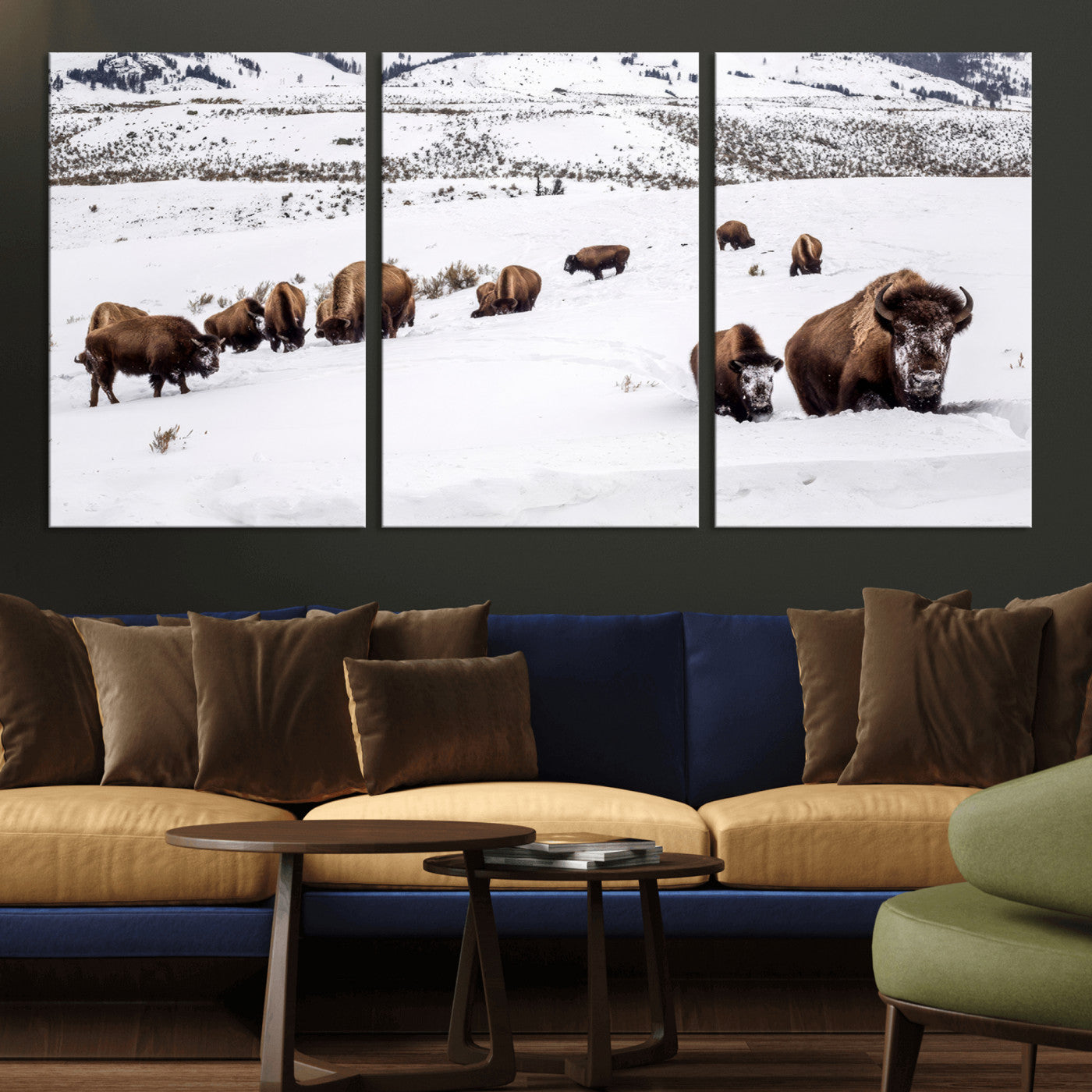 13891210-MGV-CV-36X24-Bison Herd Scene Wall Art Canvas Print, Framed Western Wildlife Decor Art Picture Print, Snowy Mountain Valley Perfect Rustic