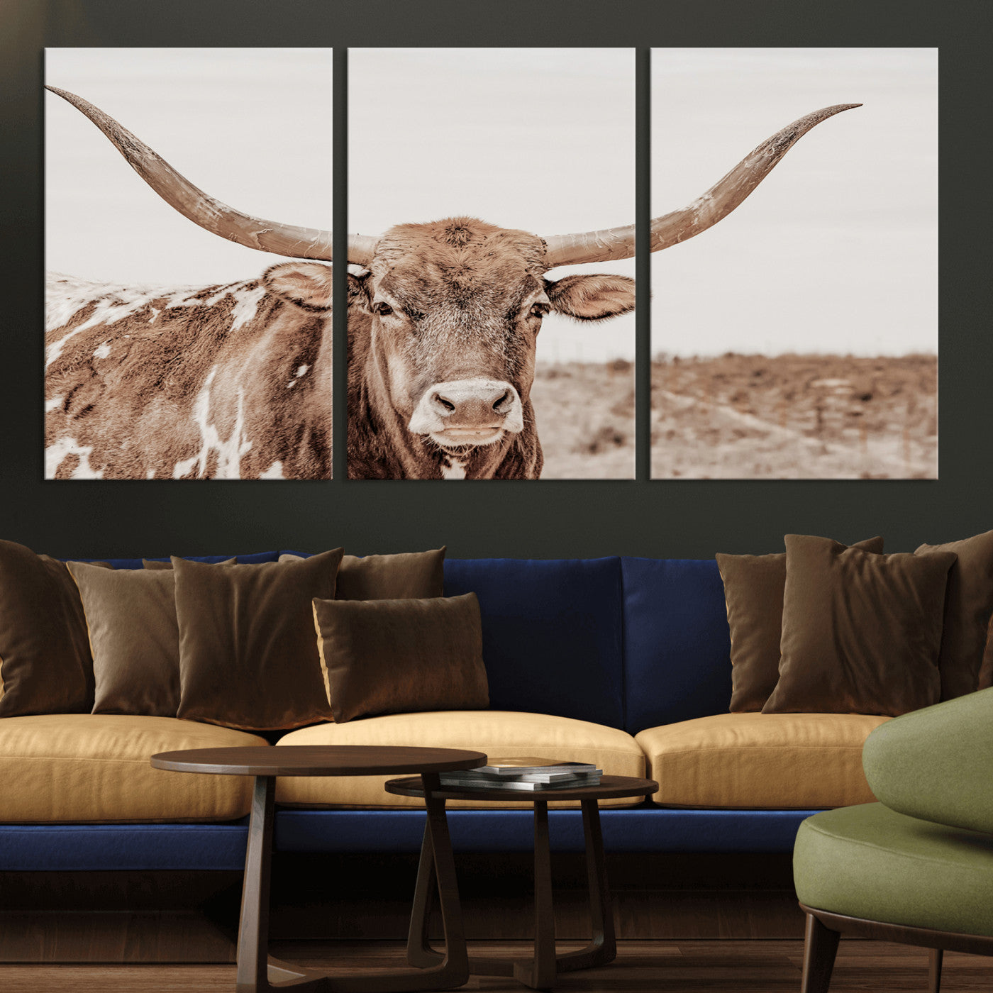 77810049-MGV-CV-36X24-Longhorn Bull Photo Wall Art Canvas Print, Framed Rustic Cow Decor Art Picture Print, Neutral Farmhouse Style Perfect Rustic