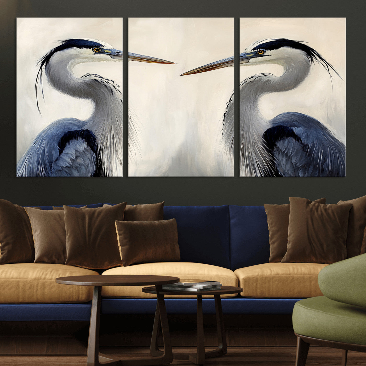 18230556-MGV-CV-36X24-Blue Heron Pair Wall Art Canvas Print, Framed Coastal Bird Theme Art Picture Print, Tranquil Wildlife Scene Perfect Coastal