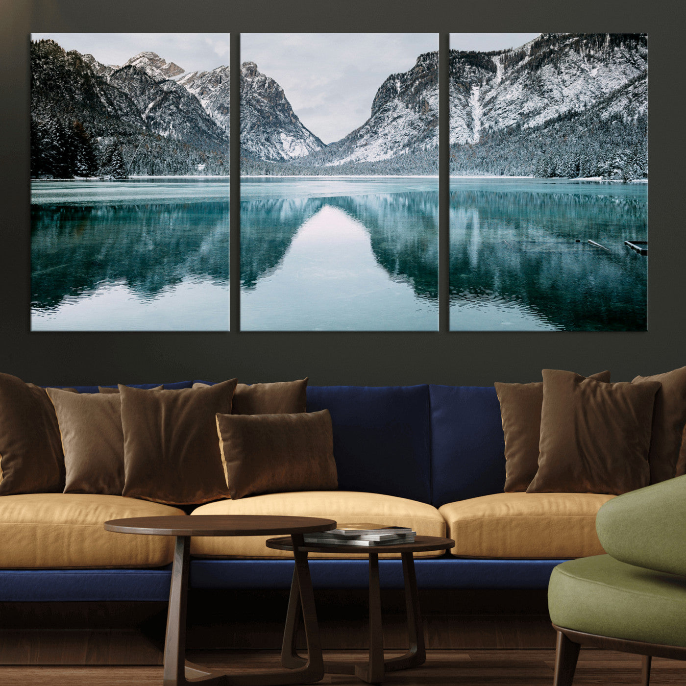 73098373-MGV-CV-36X24-Mountain Lake Wall Art Canvas Print, Framed Winter Wonderland Art Picture Print, Snowy Peaks Perfect Modern Nature Decor Artwork