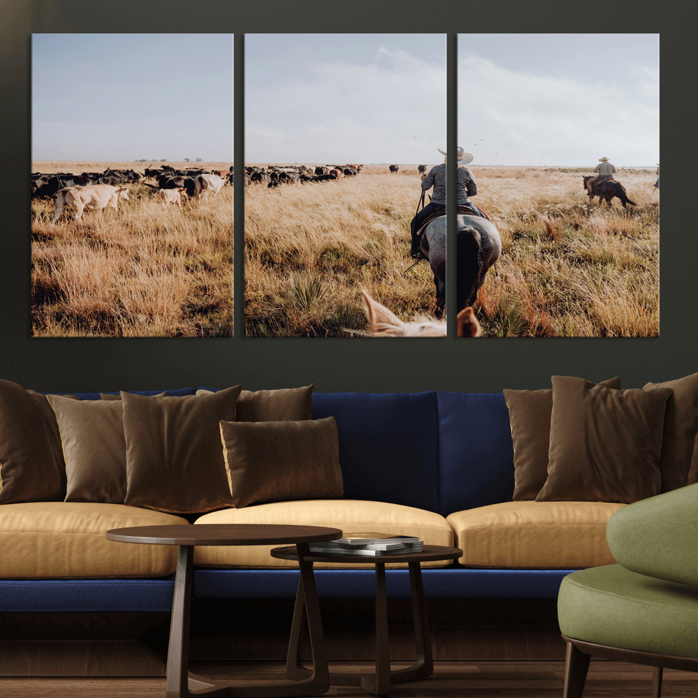 22431577-MGV-CV-36X24-Western Wall Art Wall Art Canvas Print, Framed Cowboy Canvas Art Picture Print, Cattle Drive Scene Perfect Rustic Western Decor