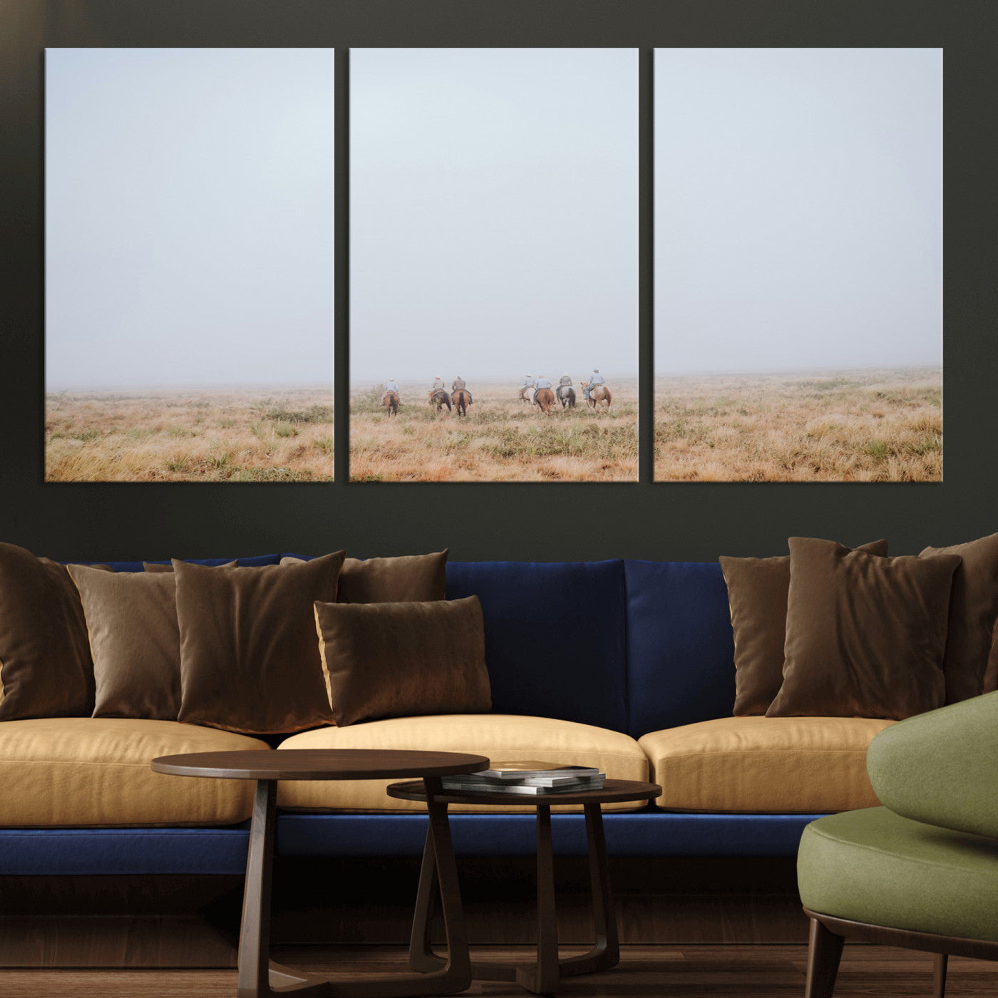 14761944-MGV-CV-36X24-Foggy Plains Wall Art Canvas Print, Framed Horseback Riders Art Picture Print, Rustic Western Perfect Rustic Western Decor Artwork