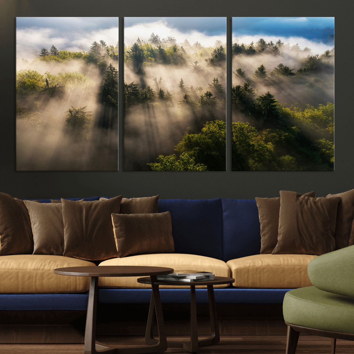 14785710-MGV-CV-36X24-Tranquil Forest Scene Wall Art Canvas Print, Framed Sunbeam Through Trees Art Picture Print, Moody Green Wall Art Perfect