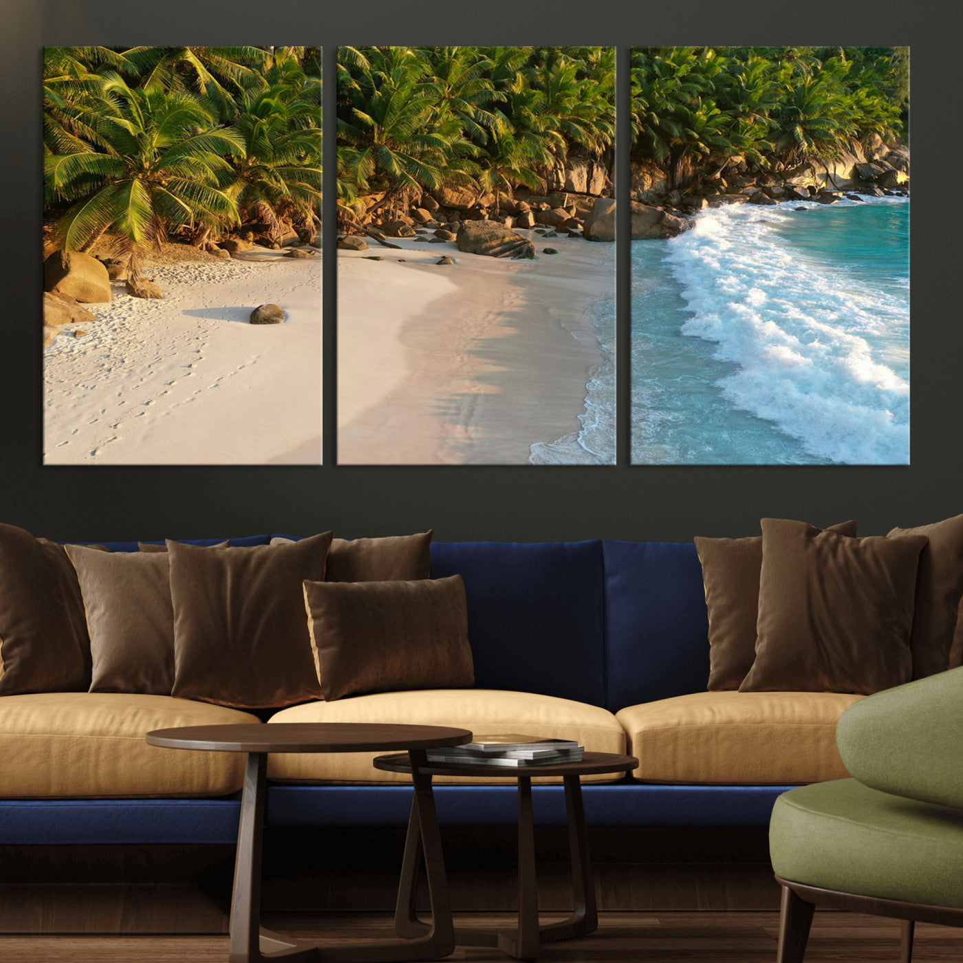 82312665-MGV-CV-36X24-Tropical Beach Wall Art Canvas Print, Framed Ocean Waves Art Picture Print, Palm Trees Perfect Coastal Minimalist Decor Artwork