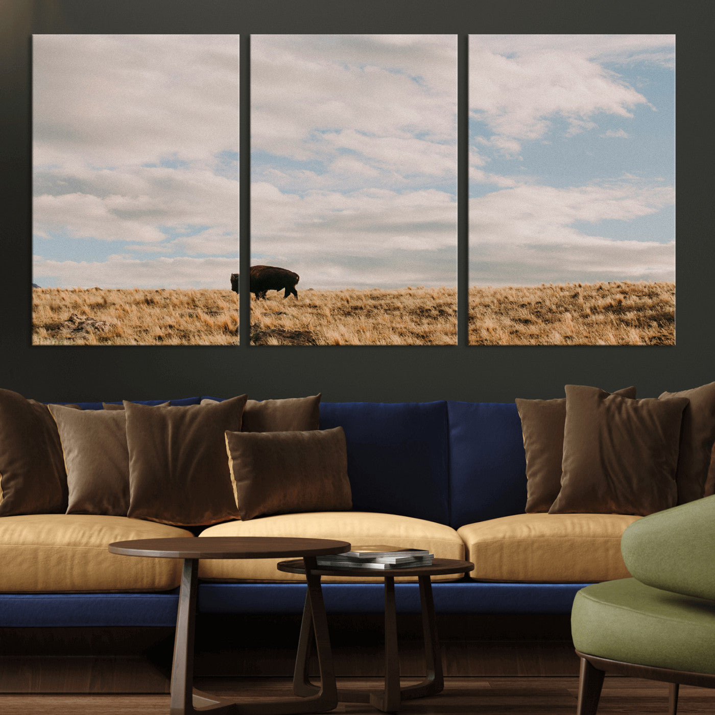 22754563-MGV-CV-36X24-Earthy Tones Wall Art Canvas Print, Framed Rustic Nature Art Picture Print, Solitary Buffalo Perfect Western Minimalist Decor