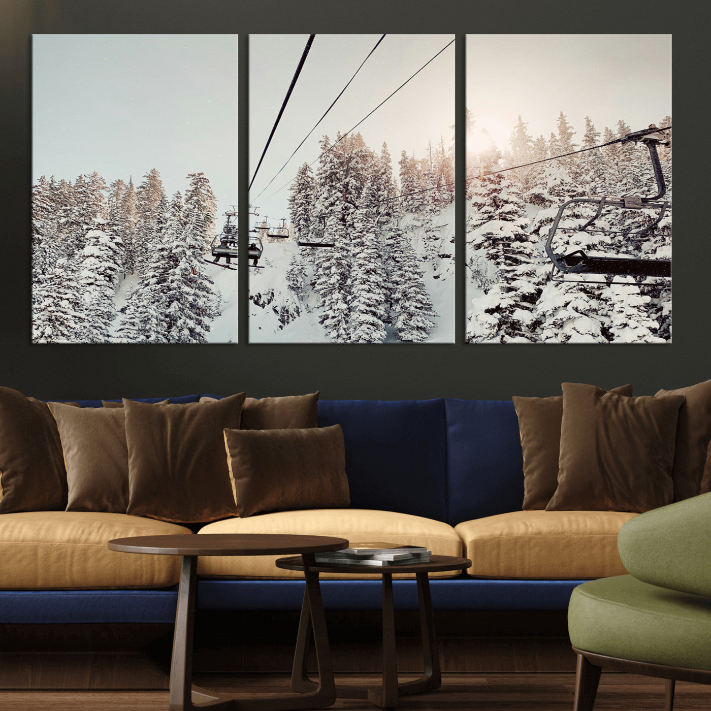 91534512-MGV-CV-36X24-Frosty Pines Wall Art Canvas Print, Framed Cozy Cabin View Art Picture Print, Ski Lift Ride Perfect Rustic Lodge Decor Artwork
