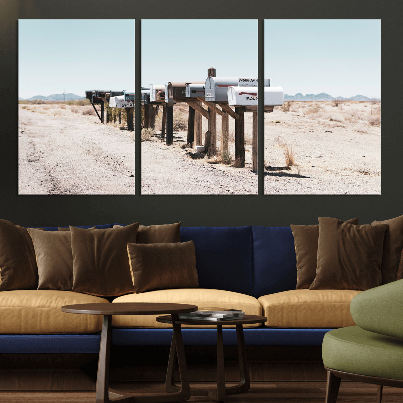 54616109-MGV-CV-36X24-Desert Mailboxes Wall Art – Rustic Rural Roadside Photography Canvas Print, American Southwest Landscape Home Decor for Living